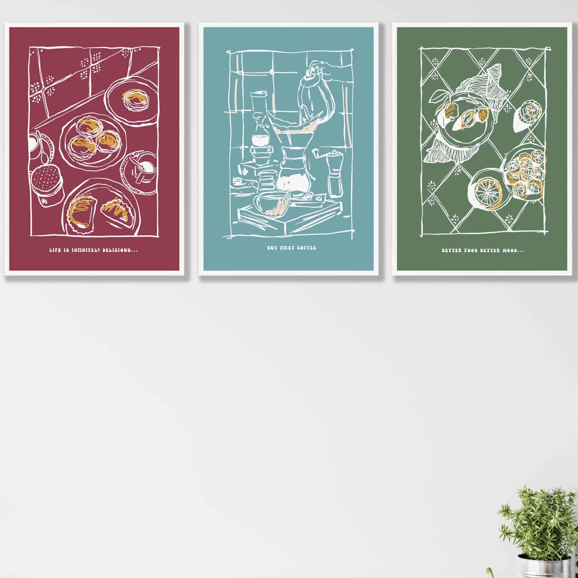 Set of 3 Sketch Line Art Kitchen Quote Prints in Red Blue Green