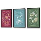 Set of 3 Framed Sketch Line Art Kitchen Quote Prints in Red, Sage Green and Light Blue | Artze Wall Art UK