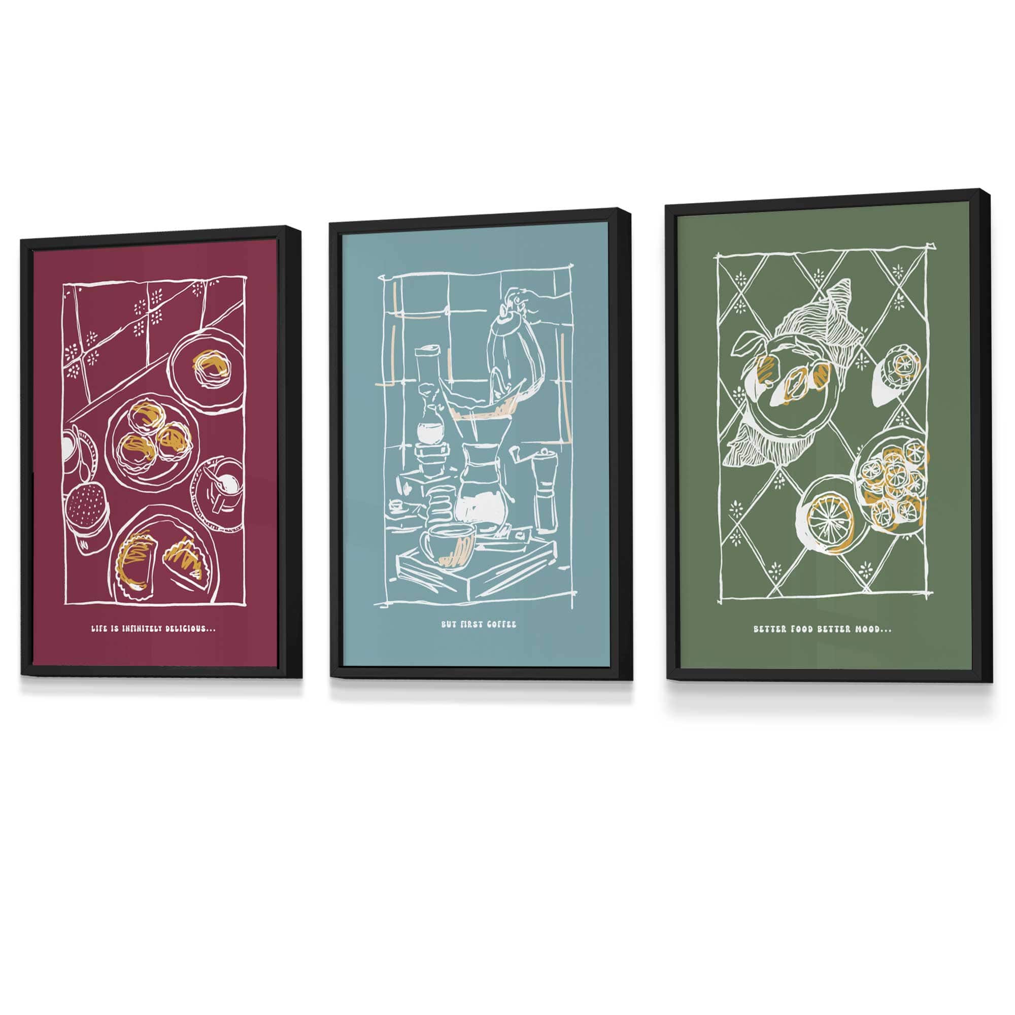 Set of 3 Framed Sketch Line Art Kitchen Quote Prints in Red, Sage Green and Light Blue | Artze Wall Art UK