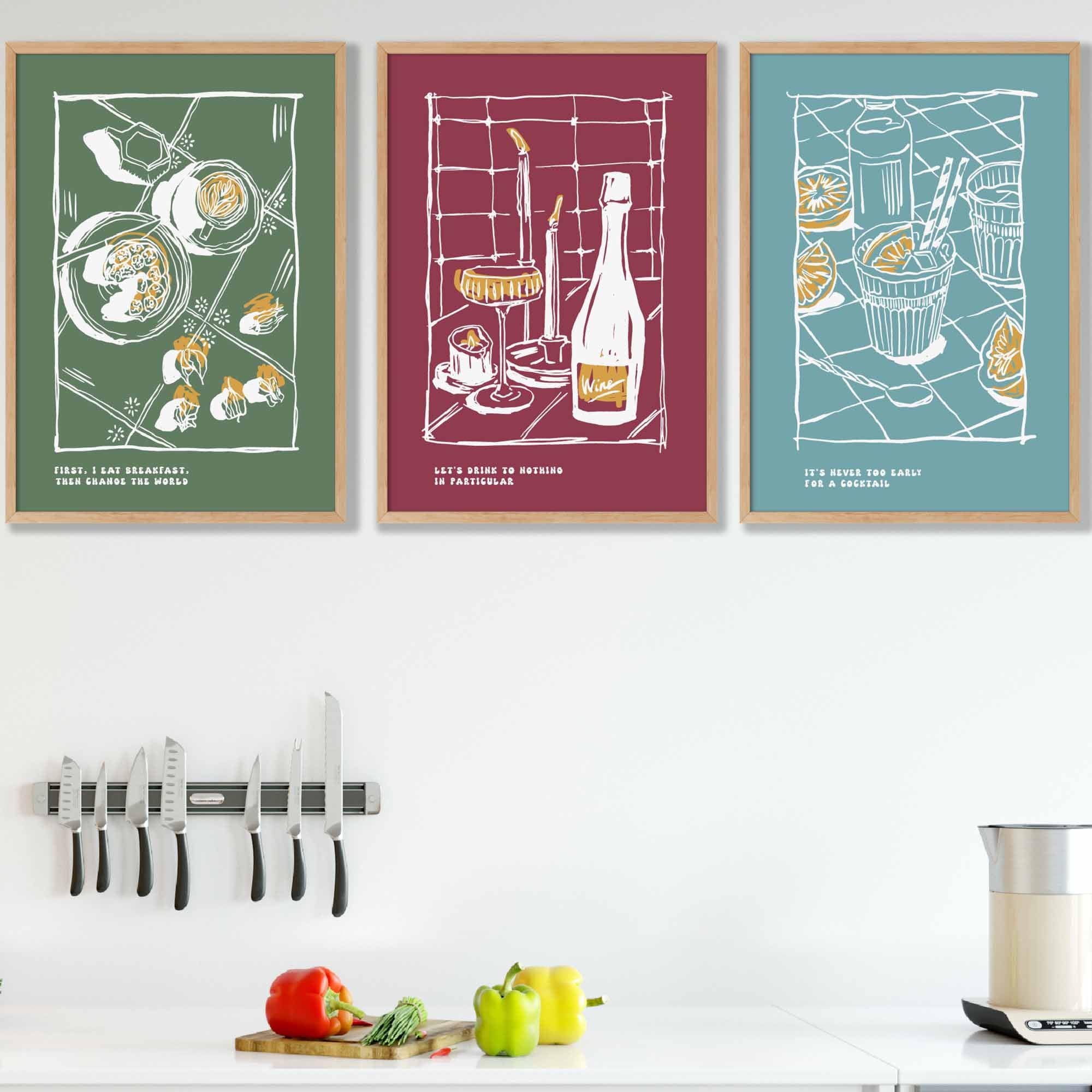 Set of 3 Sketch Line Art Kitchen Quote Prints in Blue Green Red