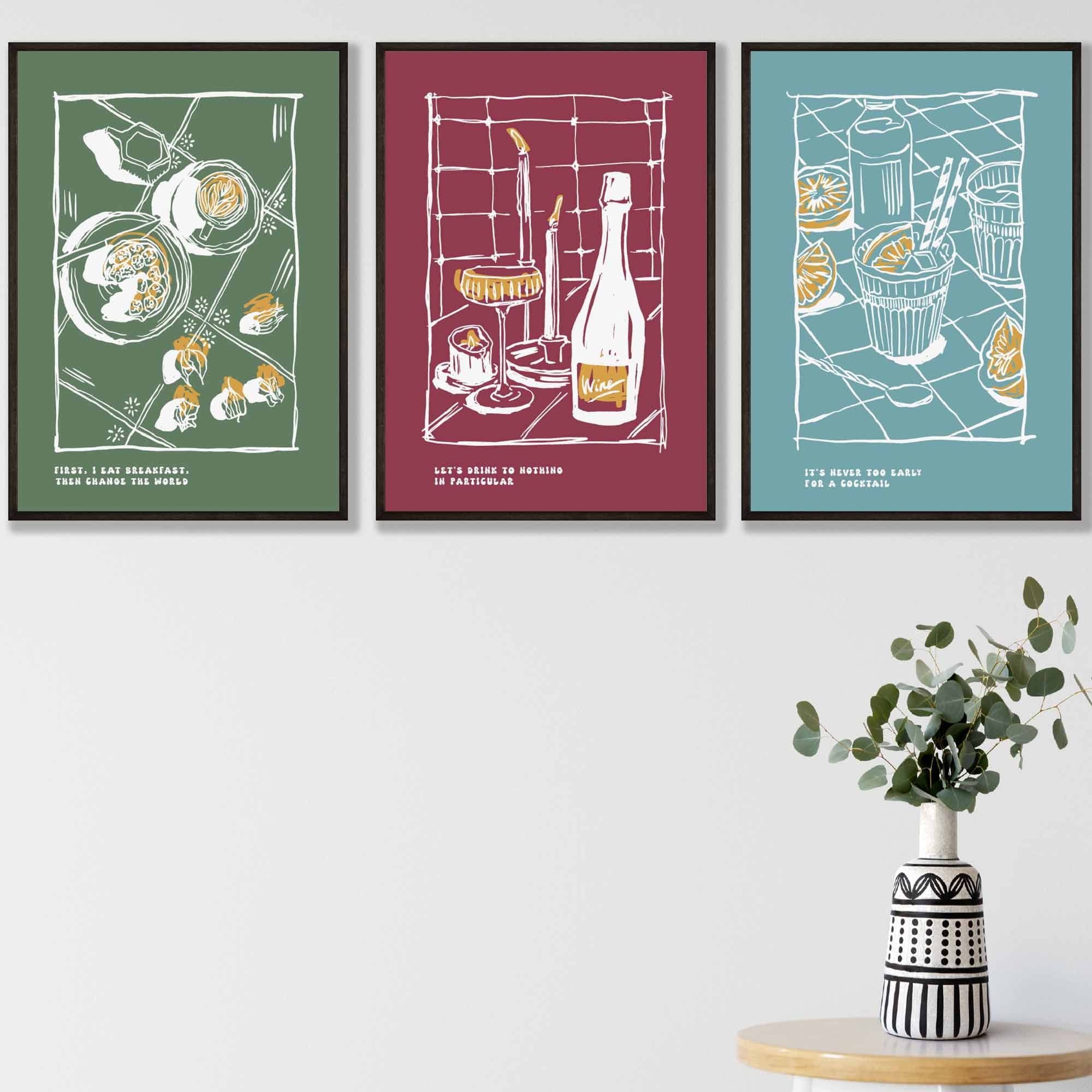 Set of 3 Sketch Line Art Kitchen Quote Prints in Blue Green Red