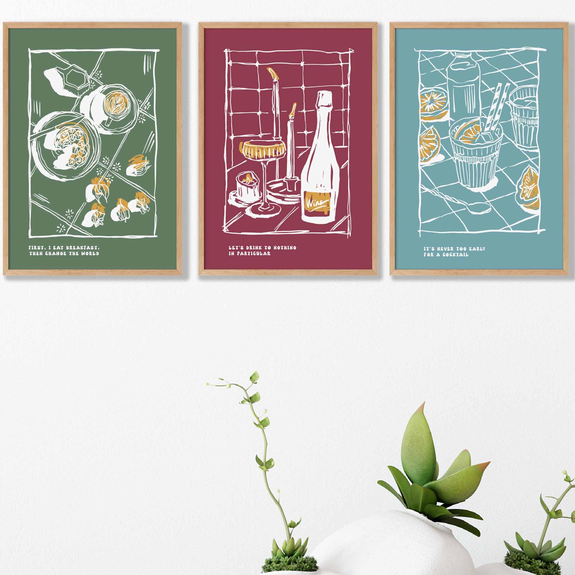 Set of 3 Sketch Line Art Kitchen Quote Prints in Blue Green Red