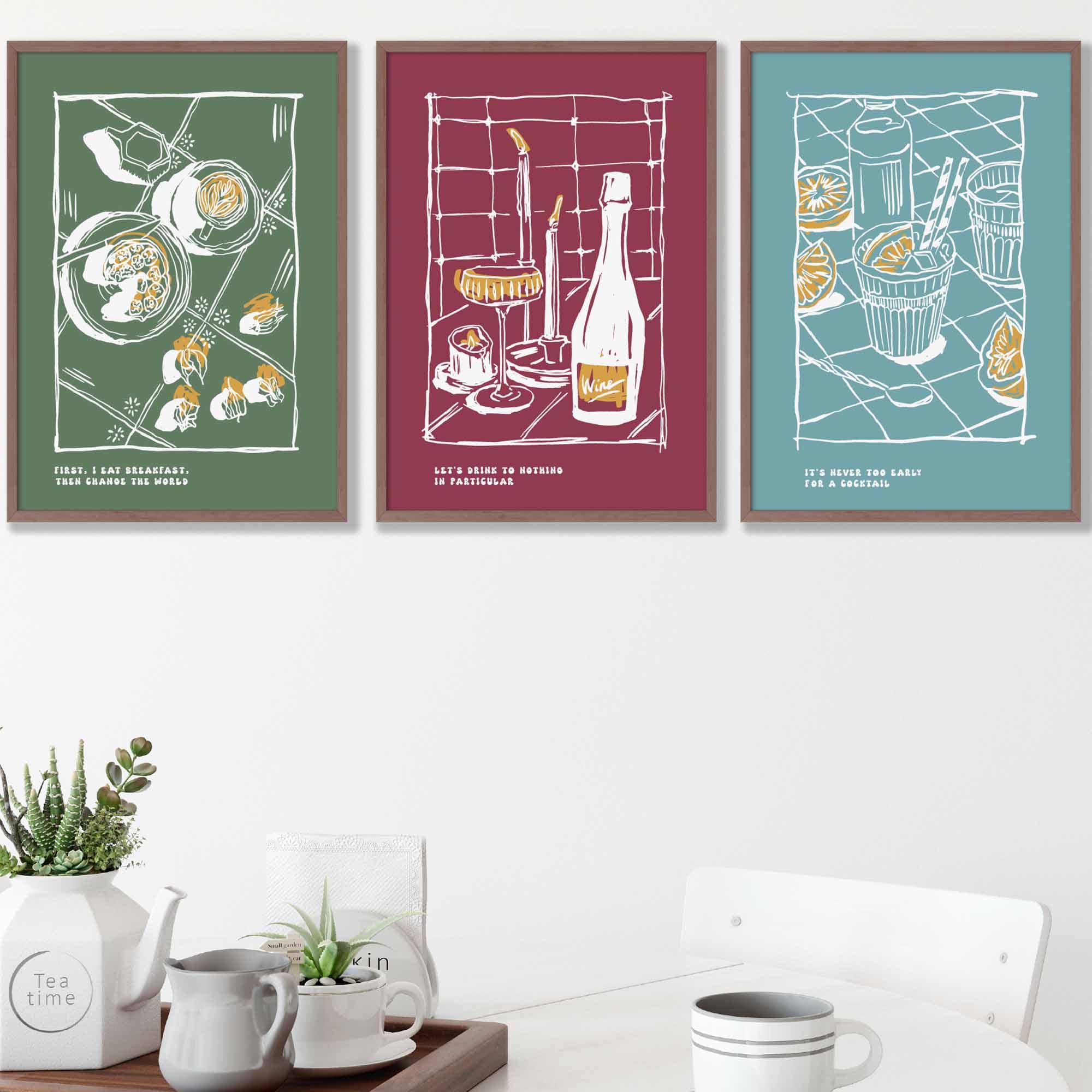 Set of 3 Sketch Line Art Kitchen Quote Prints in Blue Green Red