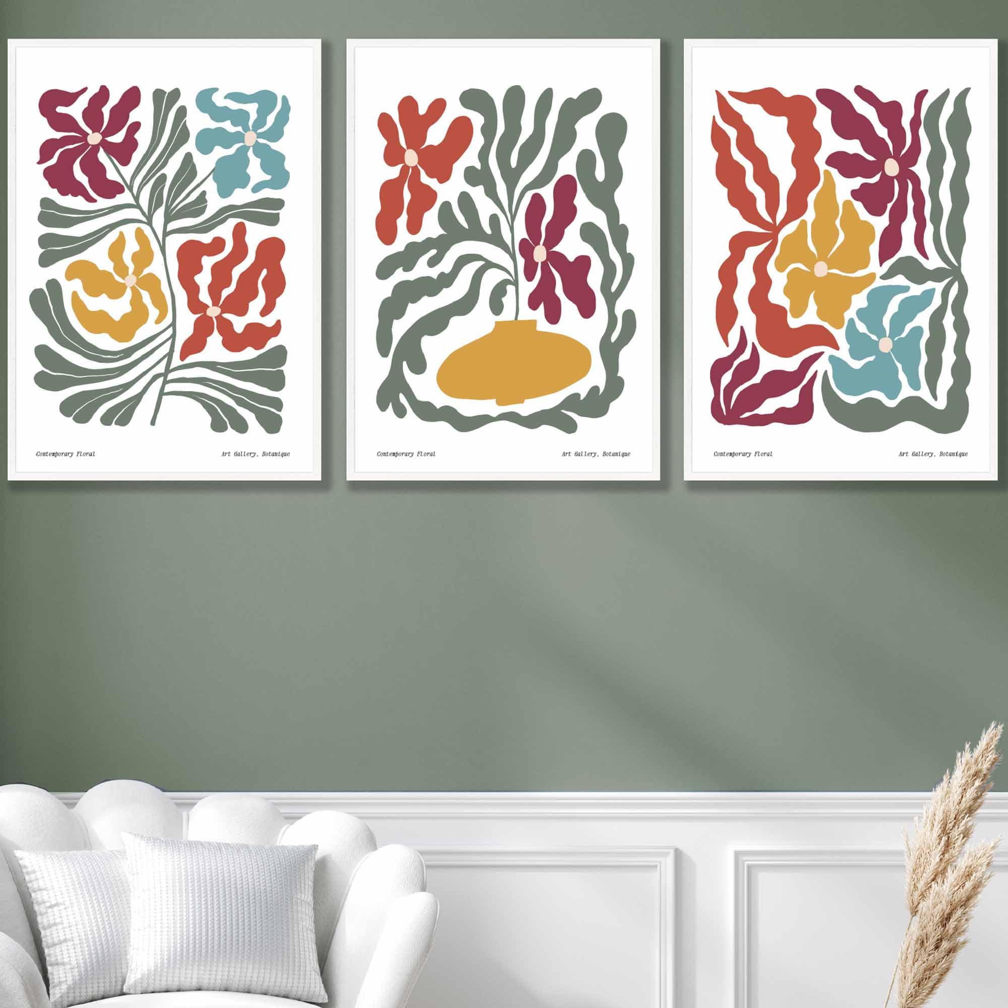 Set of 3 Contemporary Boho Floral Wall Art in Bright Spring Colours