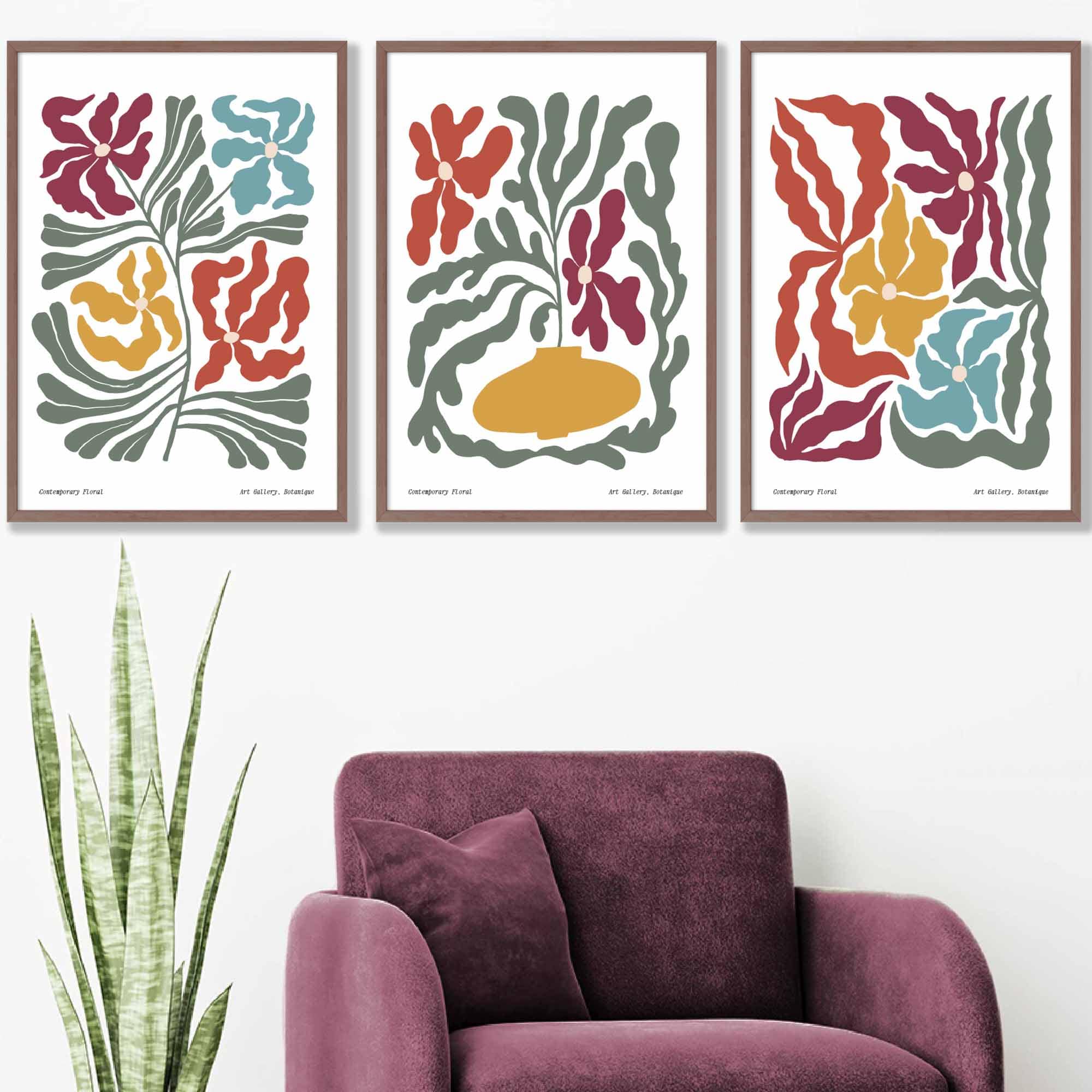 Set of 3 Contemporary Boho Floral Wall Art in Bright Spring Colours