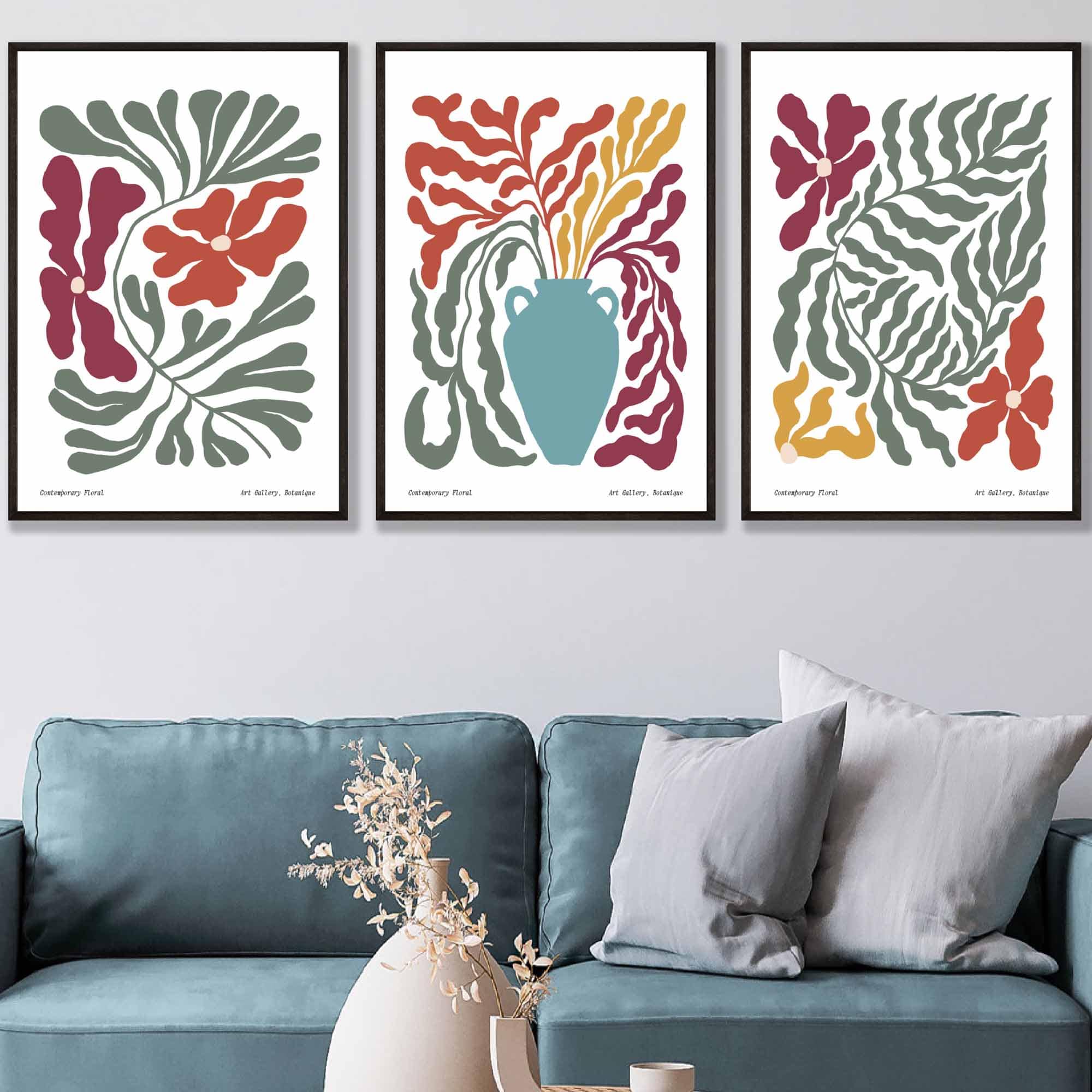 Set of 3 Contemporary Boho Botanical Wall Art in Bright Spring Colours
