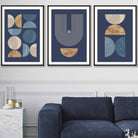 Set of 3 Geometric Mid Century Wall Art Prints in Navy Blue with Gold