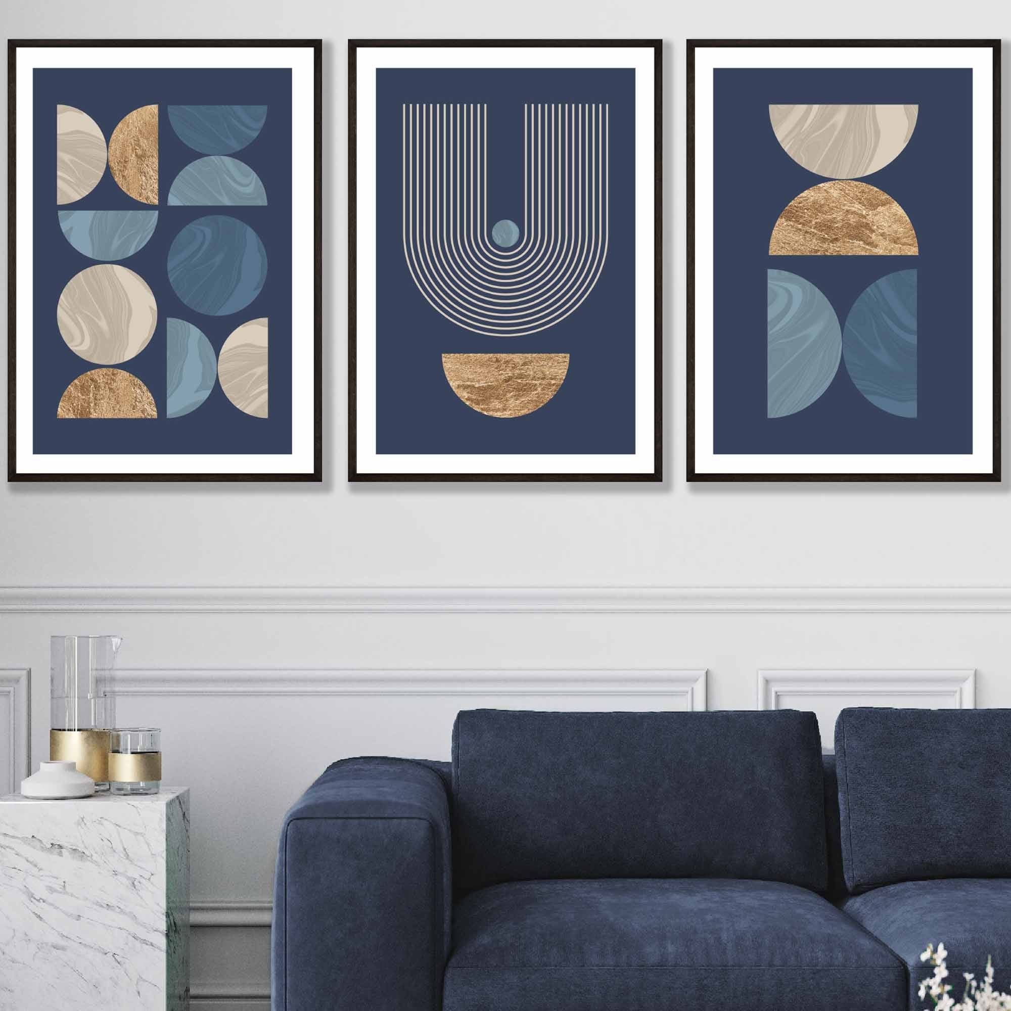 Set of 3 Geometric Mid Century Wall Art Prints in Navy Blue with Gold