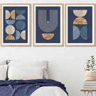Set of 3 Geometric Mid Century Wall Art Prints in Navy Blue with Gold