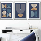 Set of 3 Geometric Mid Century Wall Art Prints in Navy Blue with Gold