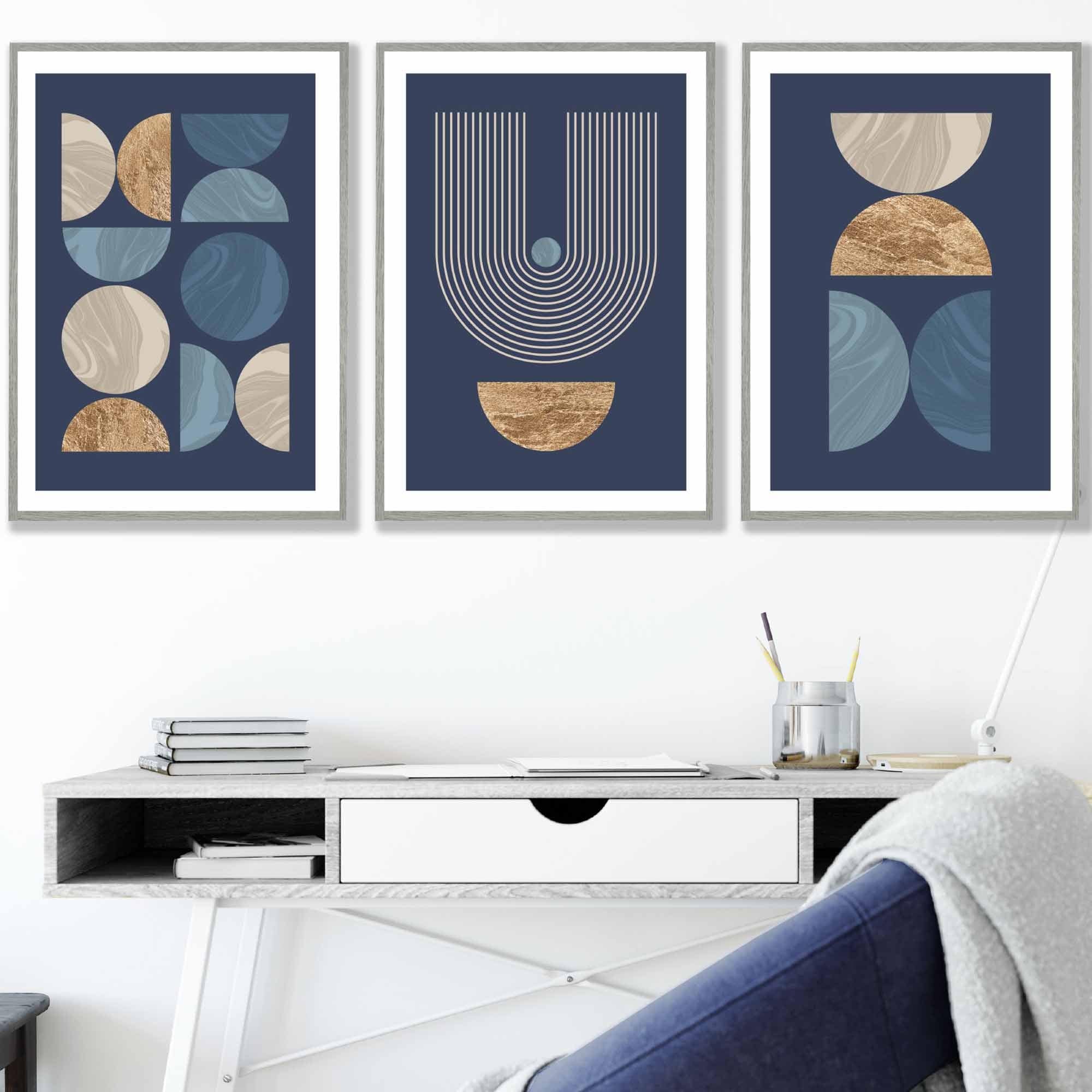 Set of 3 Geometric Mid Century Wall Art Prints in Navy Blue with Gold