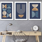 Set of 3 Geometric Mid Century Wall Art Prints in Navy Blue with Gold