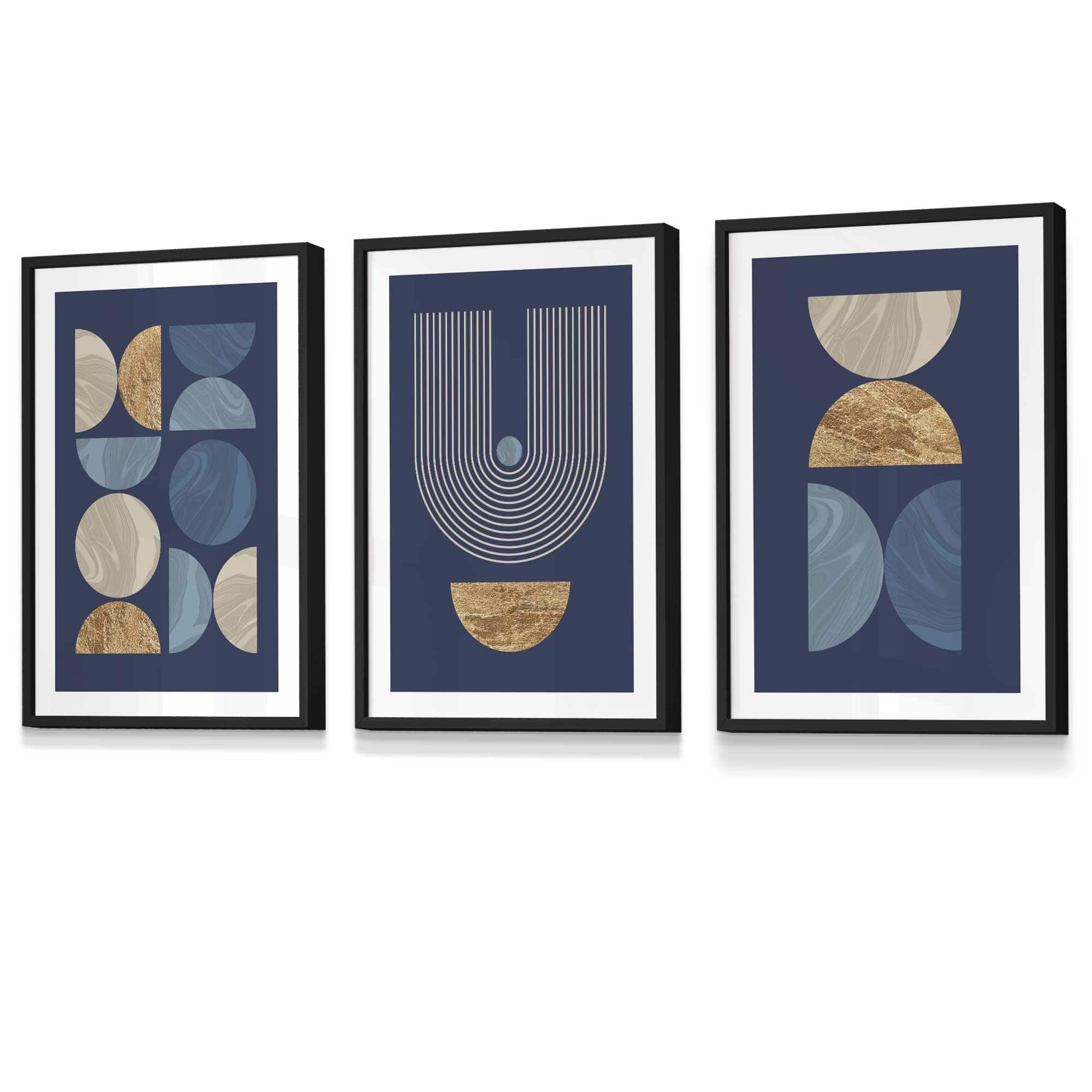 Set of 3 FRAMED Mid Century Modern Geometric Navy Blue with Beige and Gold Wall Art Prints | Artze Wall Art UK