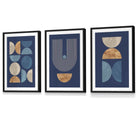 Set of 3 FRAMED Mid Century Modern Geometric Navy Blue with Beige and Gold Wall Art Prints | Artze Wall Art UK