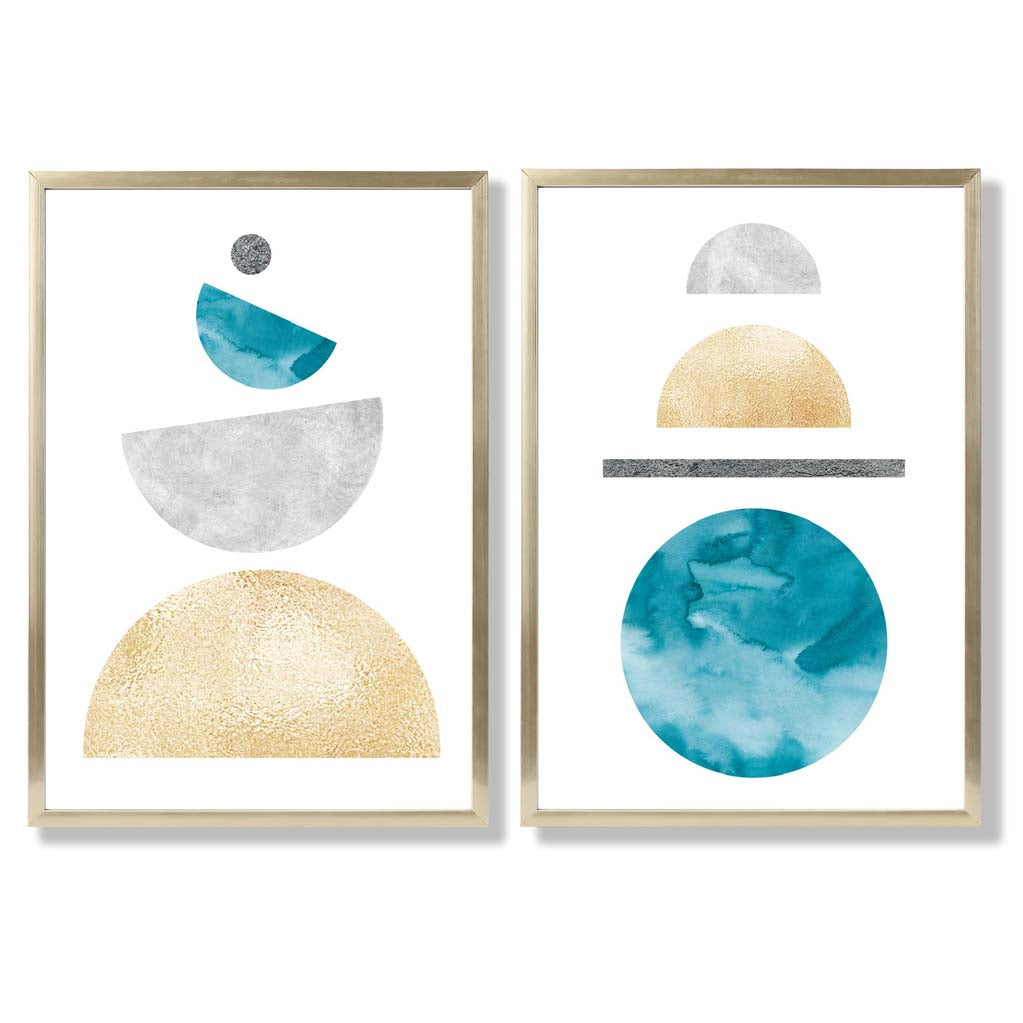 FB, FB2, Mid Century Modern, Geometric, Teal, Blue, Yellow, Grey with Gold Frame