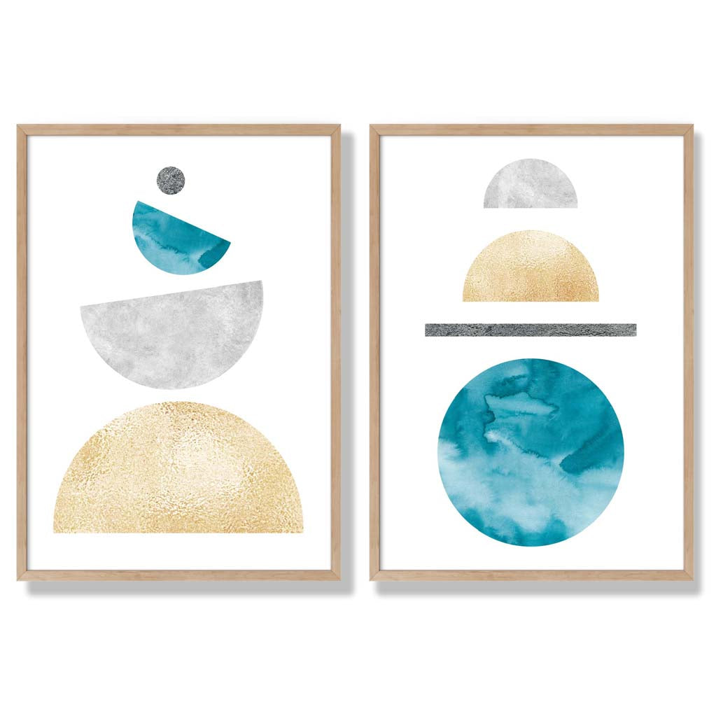 FB, FB2, Mid Century Modern, Geometric, Teal, Blue, Yellow, Grey with Oak Frame