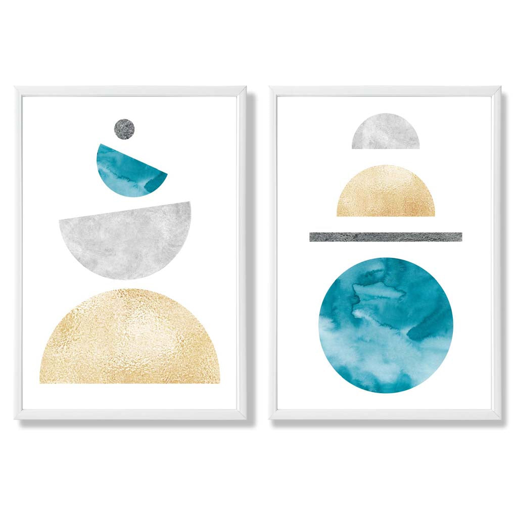 FB, FB2, Mid Century Modern, Geometric, Teal, Blue, Yellow, Grey with White Frame