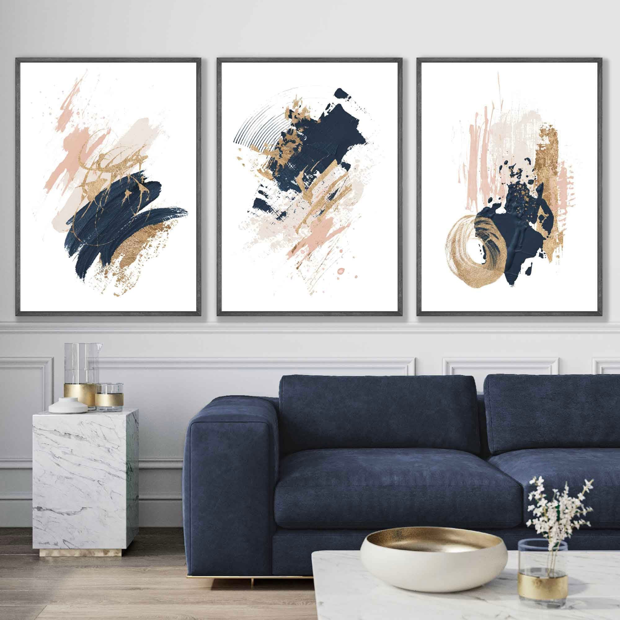 Set of 3 Abstract Posters from Oil Paintings Navy, Gold, Pink