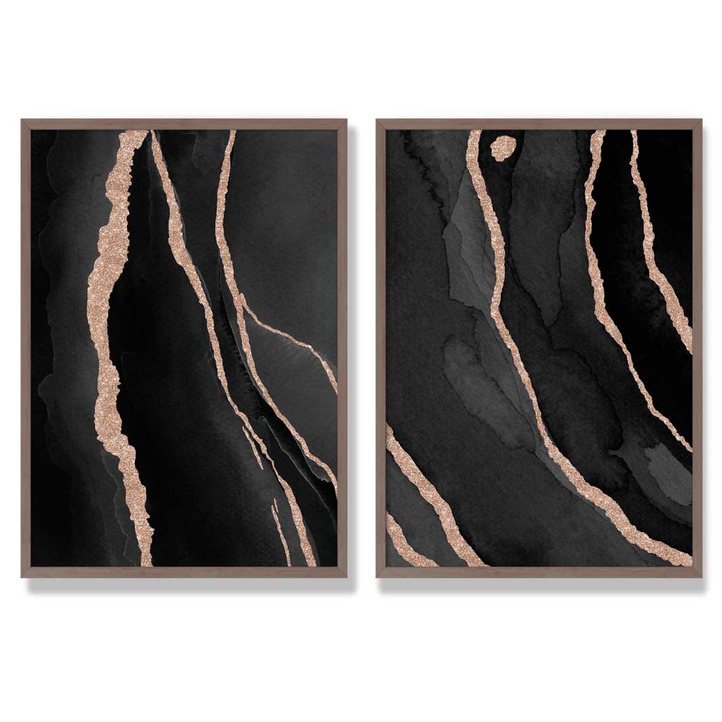Black and Gold Abstract Set of 2 Art Prints with Walnut Frame