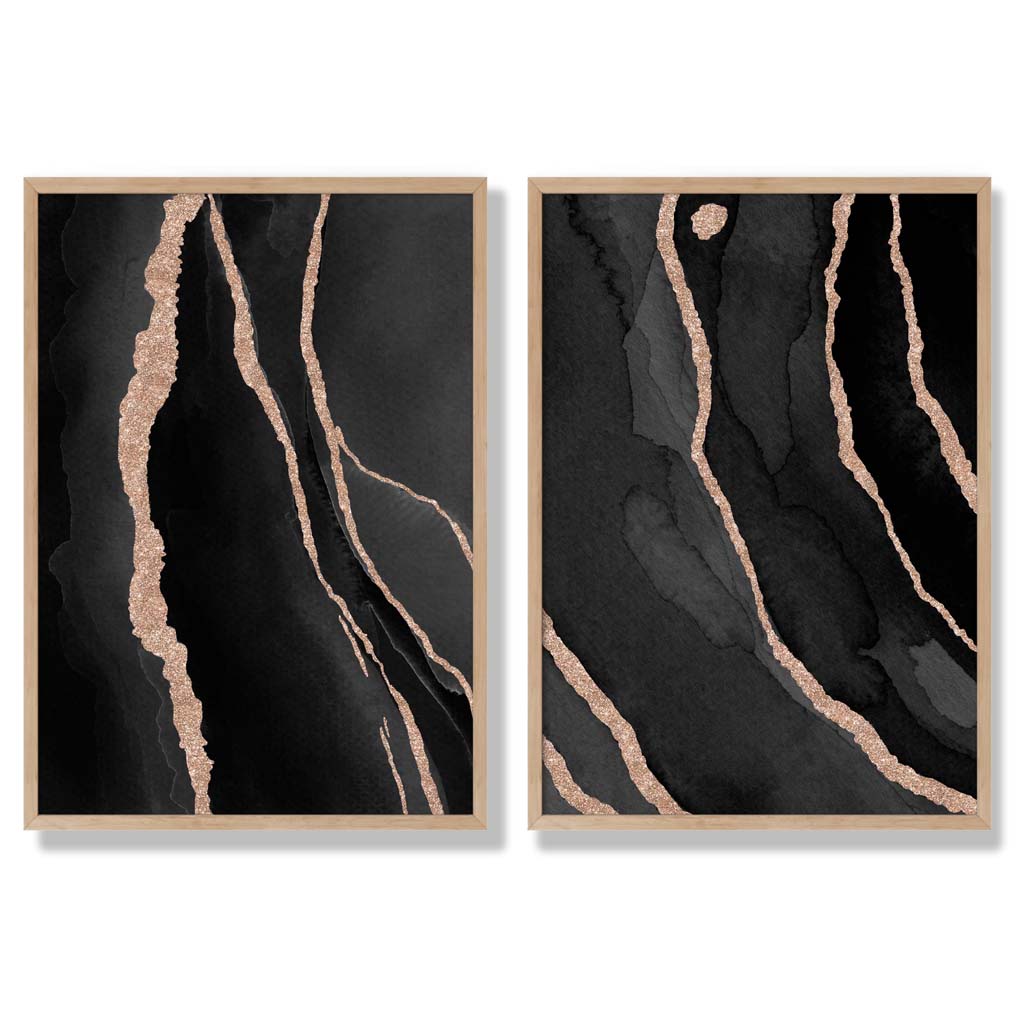 Black and Gold Abstract Set of 2 Art Prints with Oak Frame