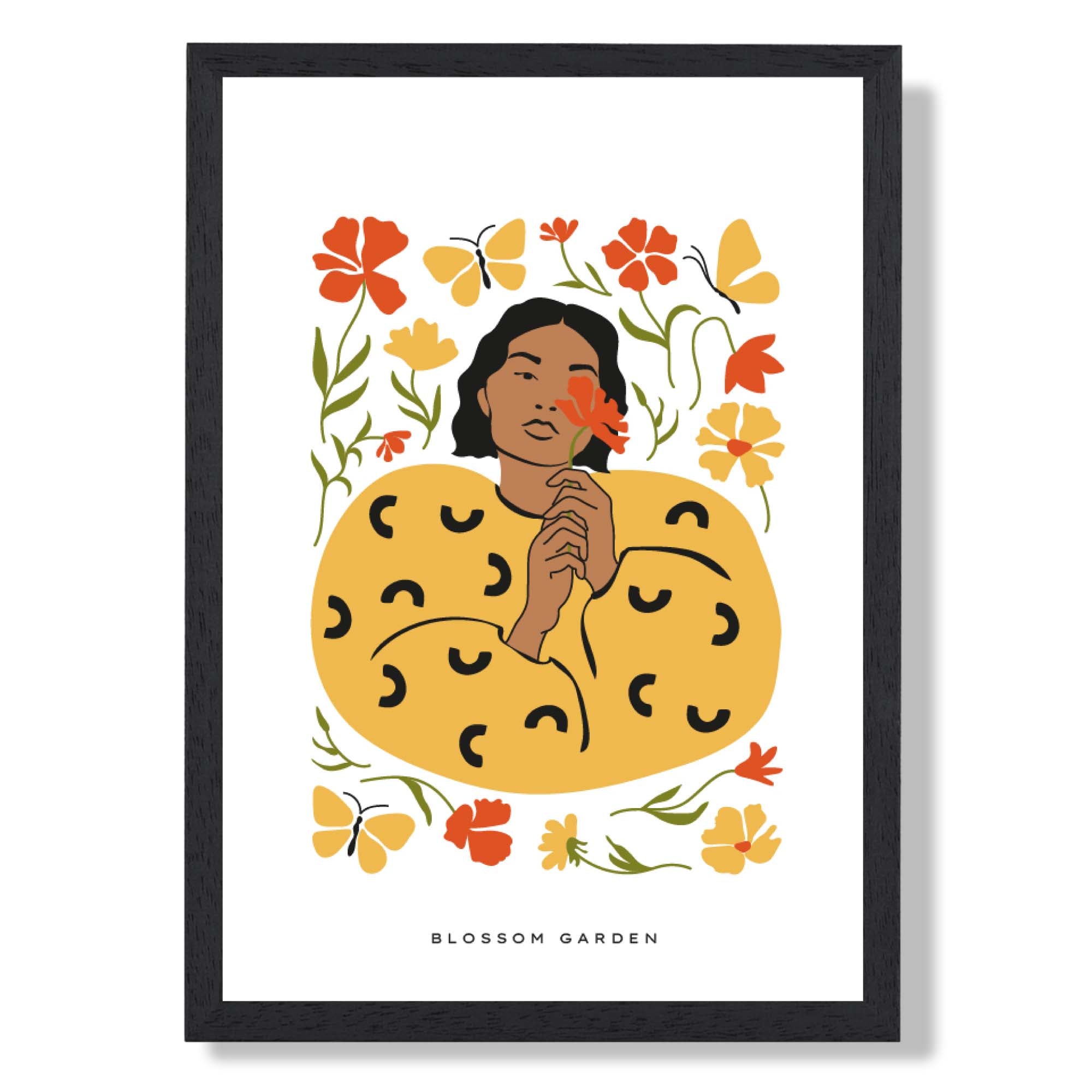 Fashion Spring Flower Garden Girl in Yellow Art Print print in Black Wooden Frame