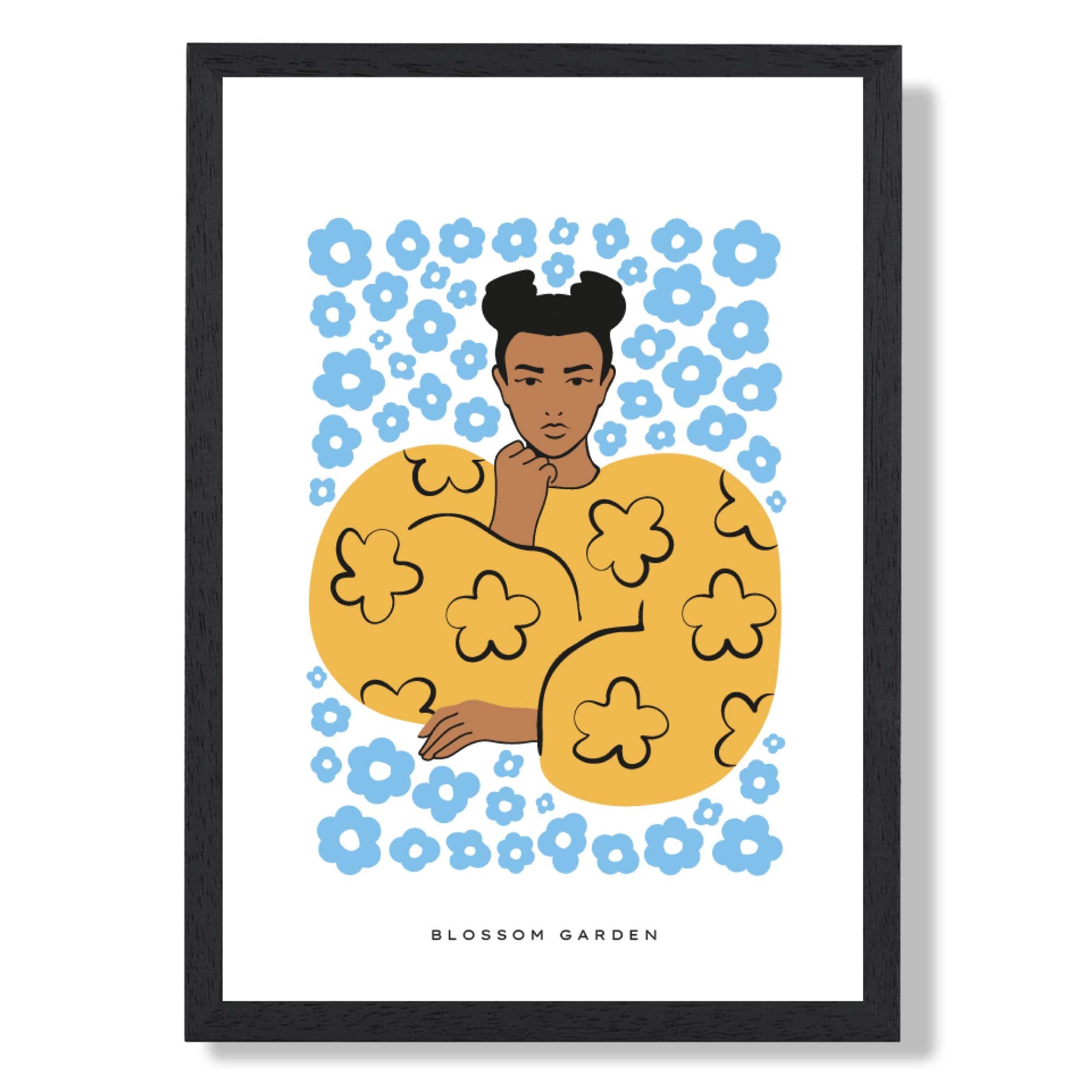 Fashion Summer Flower Garden Girl in Blue Art Print print in Black Wooden Frame