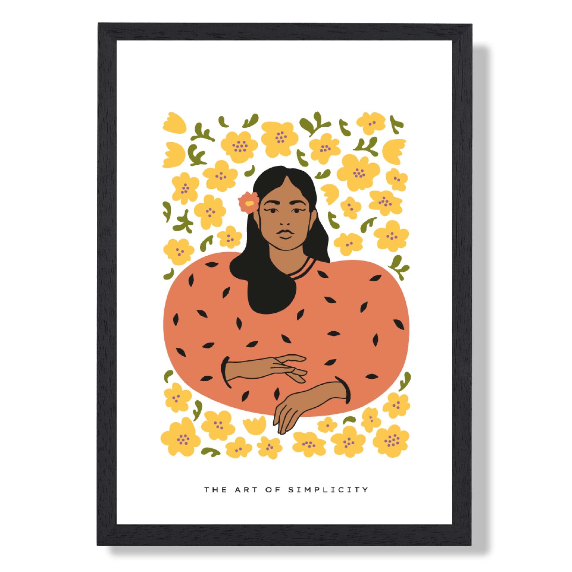 Fashion Spring Flower Garden Girl in Orange Art Print print in Black Wooden Frame