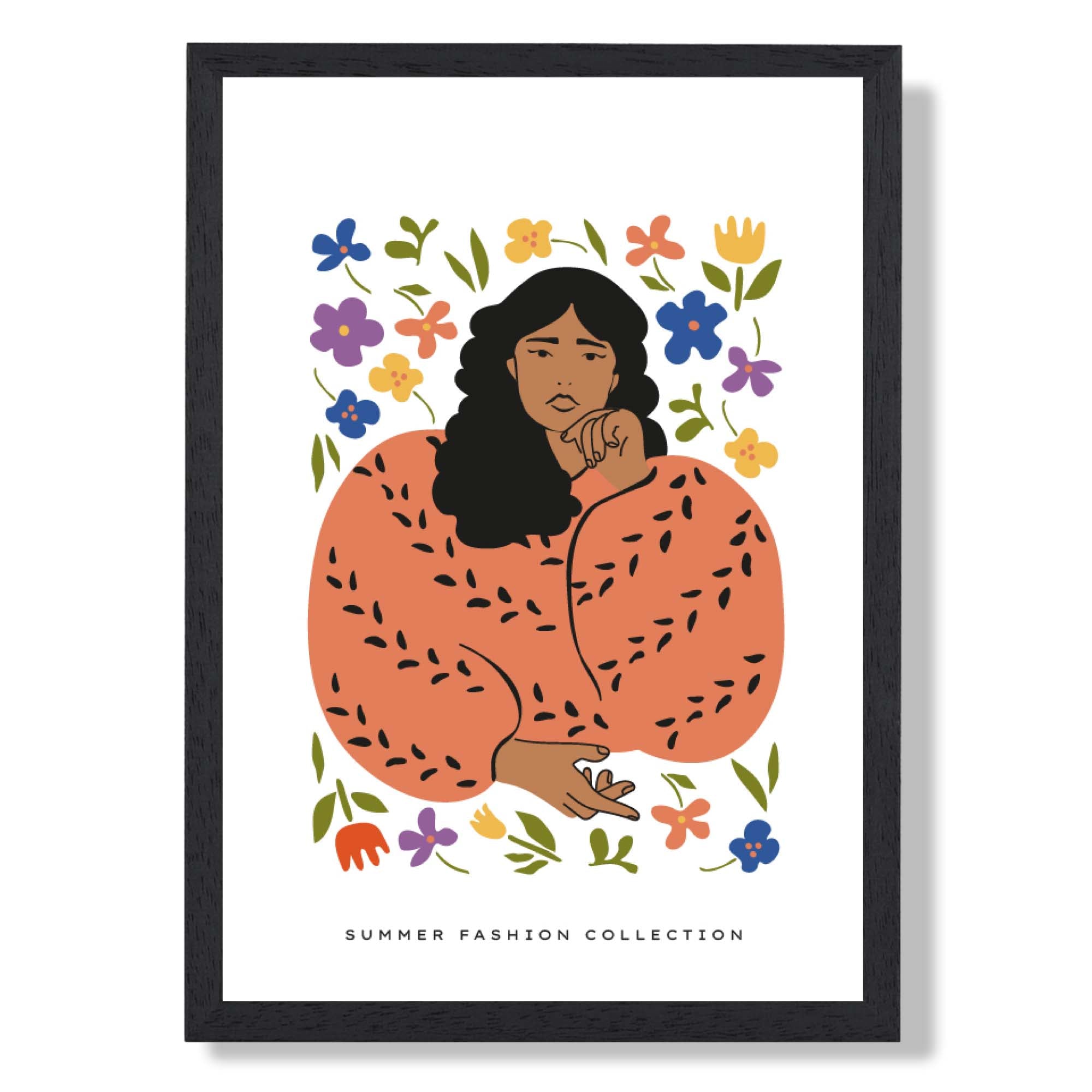 Fashion Summer Flower Garden Girl in Orange Art Print print in Black Wooden Frame
