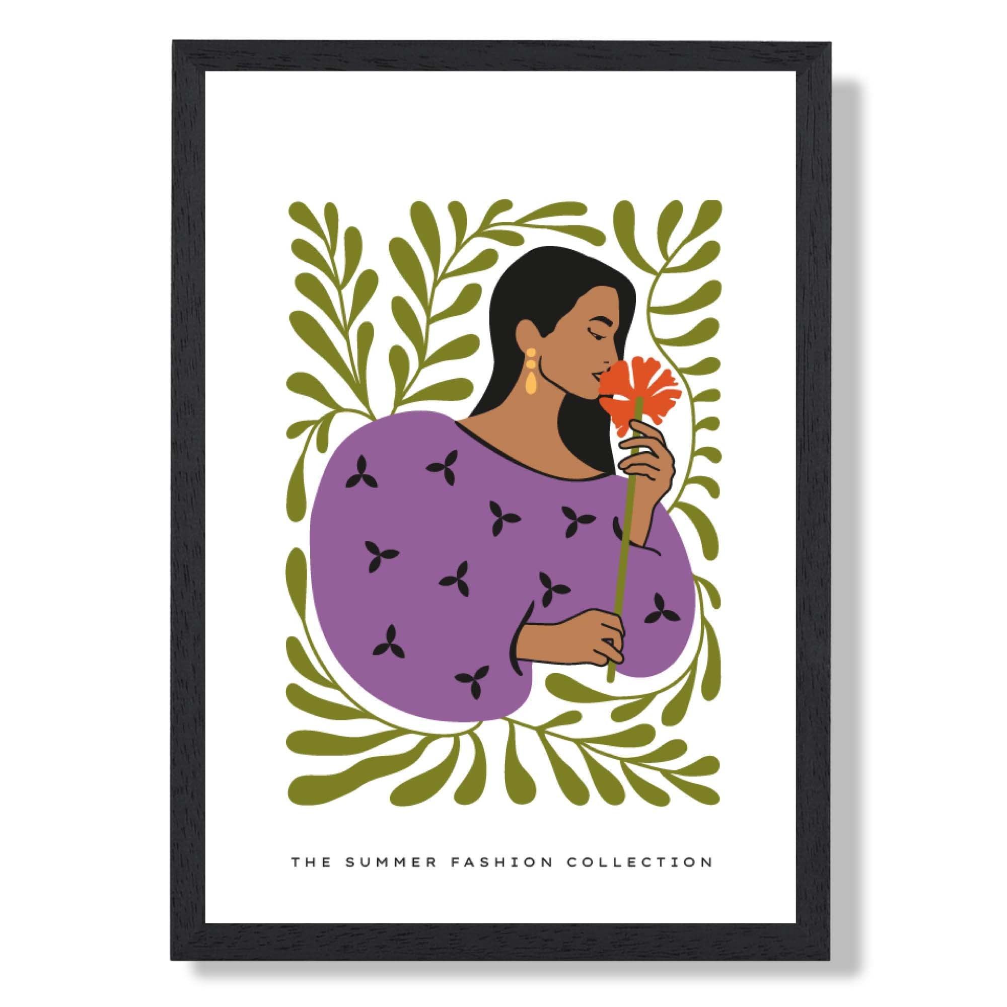 Fashion Summer Flower Garden Girl in Purple Art Print print in Black Wooden Frame