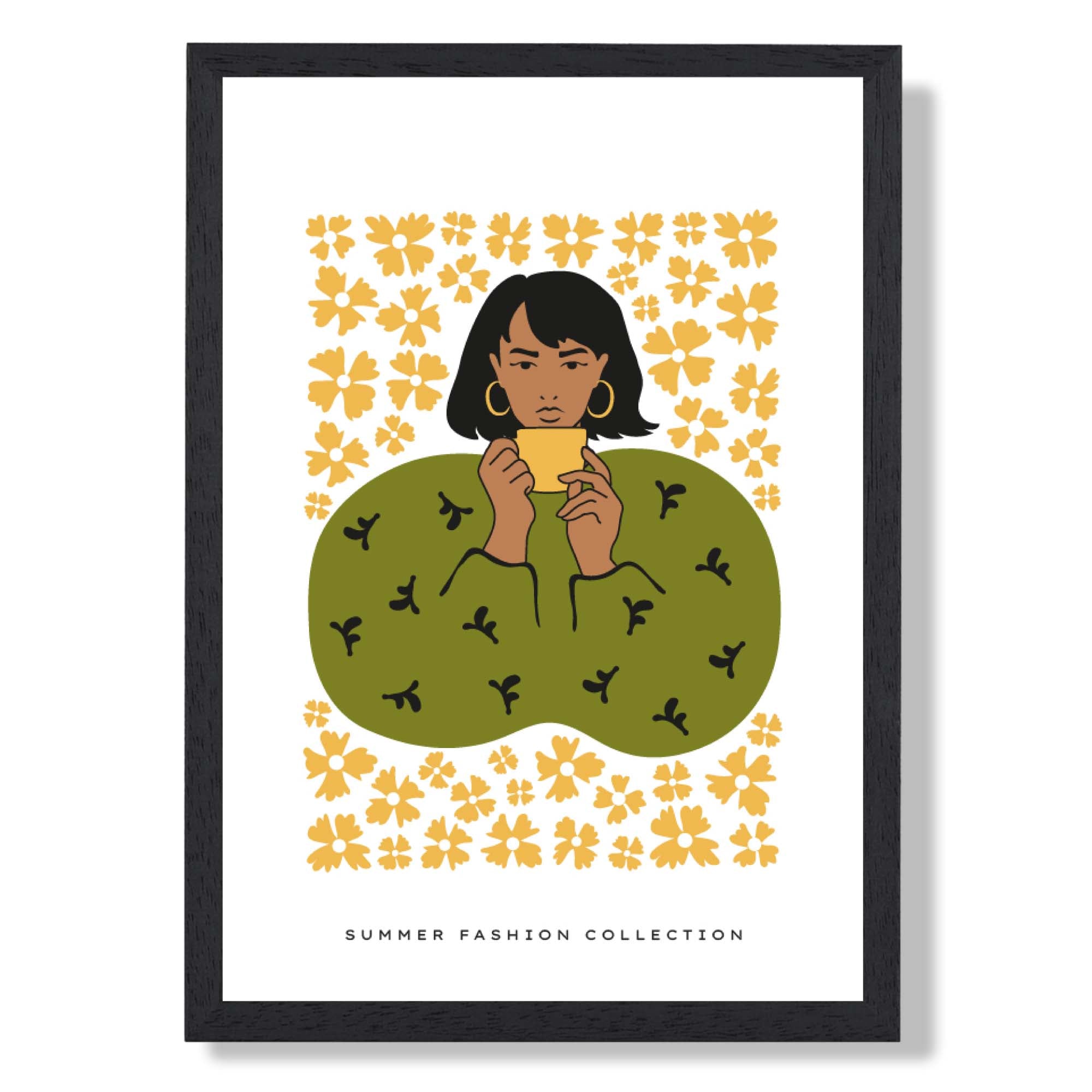 Fashion Spring Flower Garden Girl in Green Art Print print in Black Wooden Frame