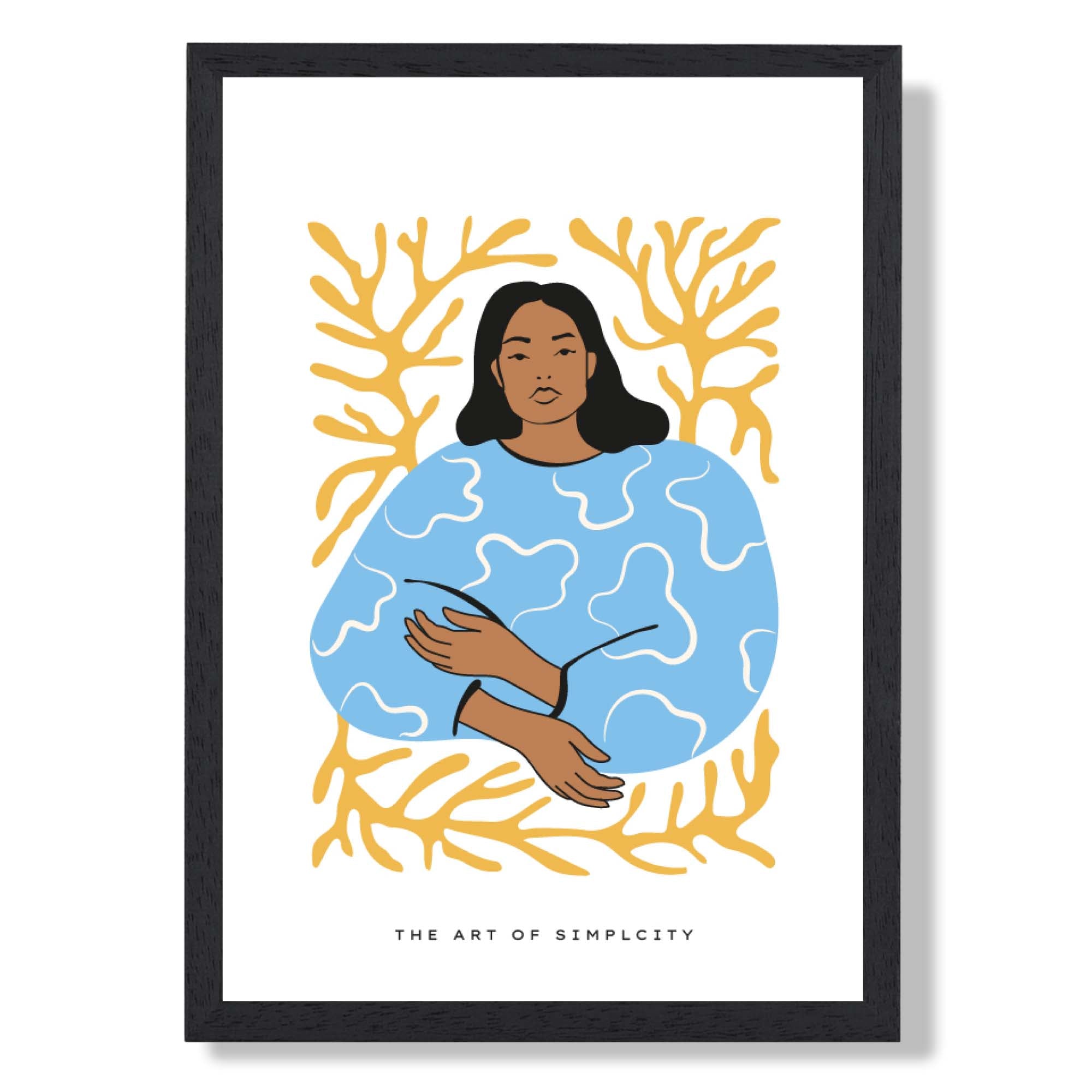 Fashion Spring Flower Garden Girl in Blue Art Print print in Black Wooden Frame