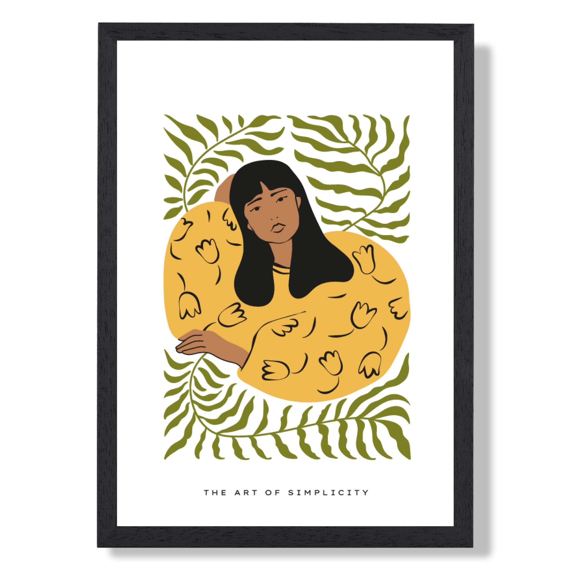 Fashion Flower Garden Girl in Yellow and Green Art Print print in Black Wooden Frame