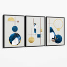 Abstract Set of 3 Textured Geometric in Navy Blue and Gold Canvas Art Prints with Black Float Frame