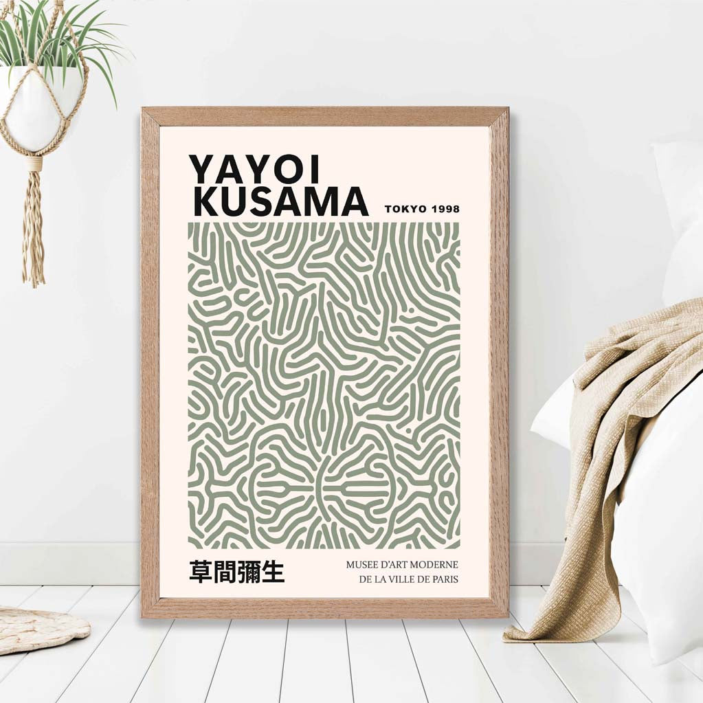Yayoi Kusama Infinity in Green print in Light Oak Frame