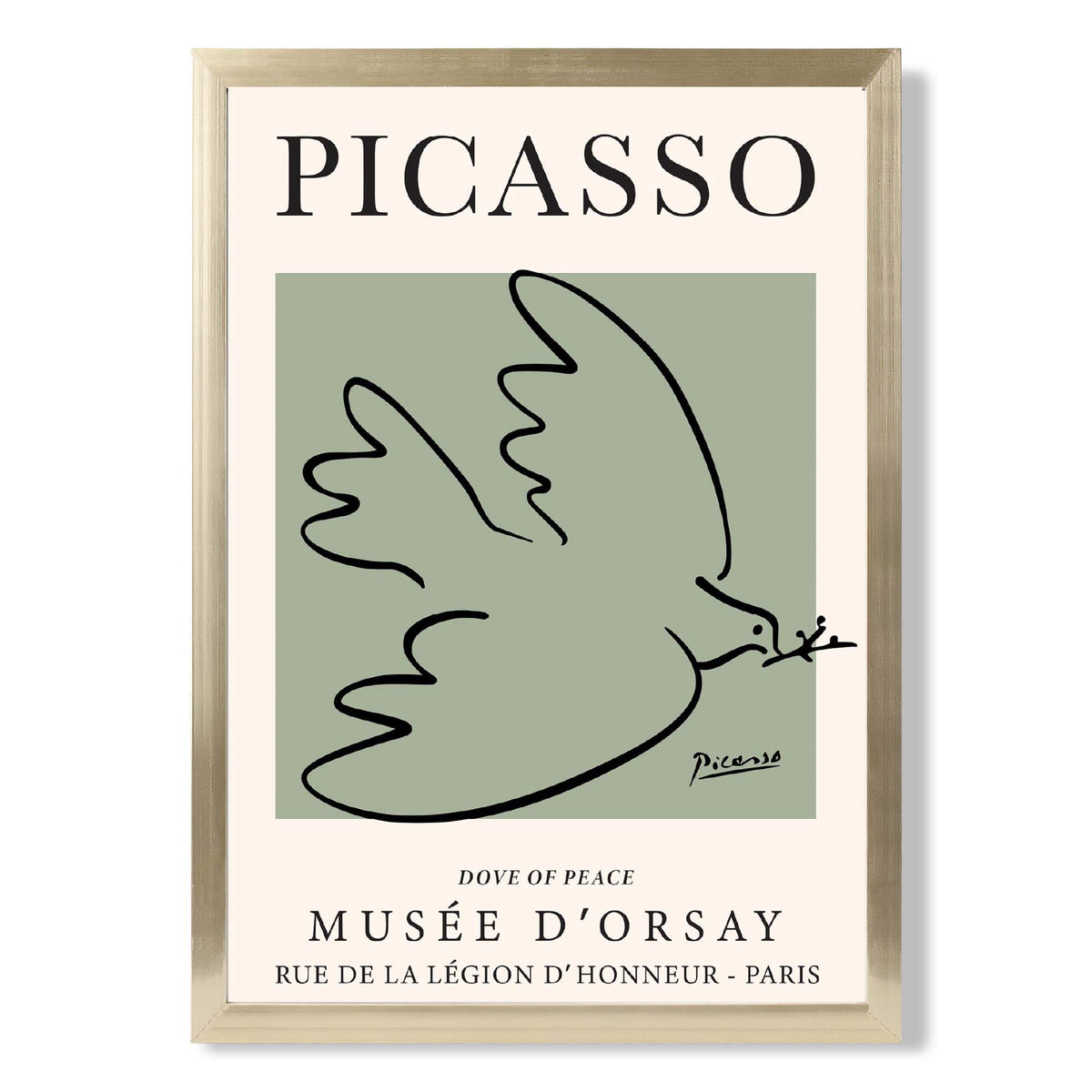 Picasso Dove on Sage Green print in Gold Wooden Frame