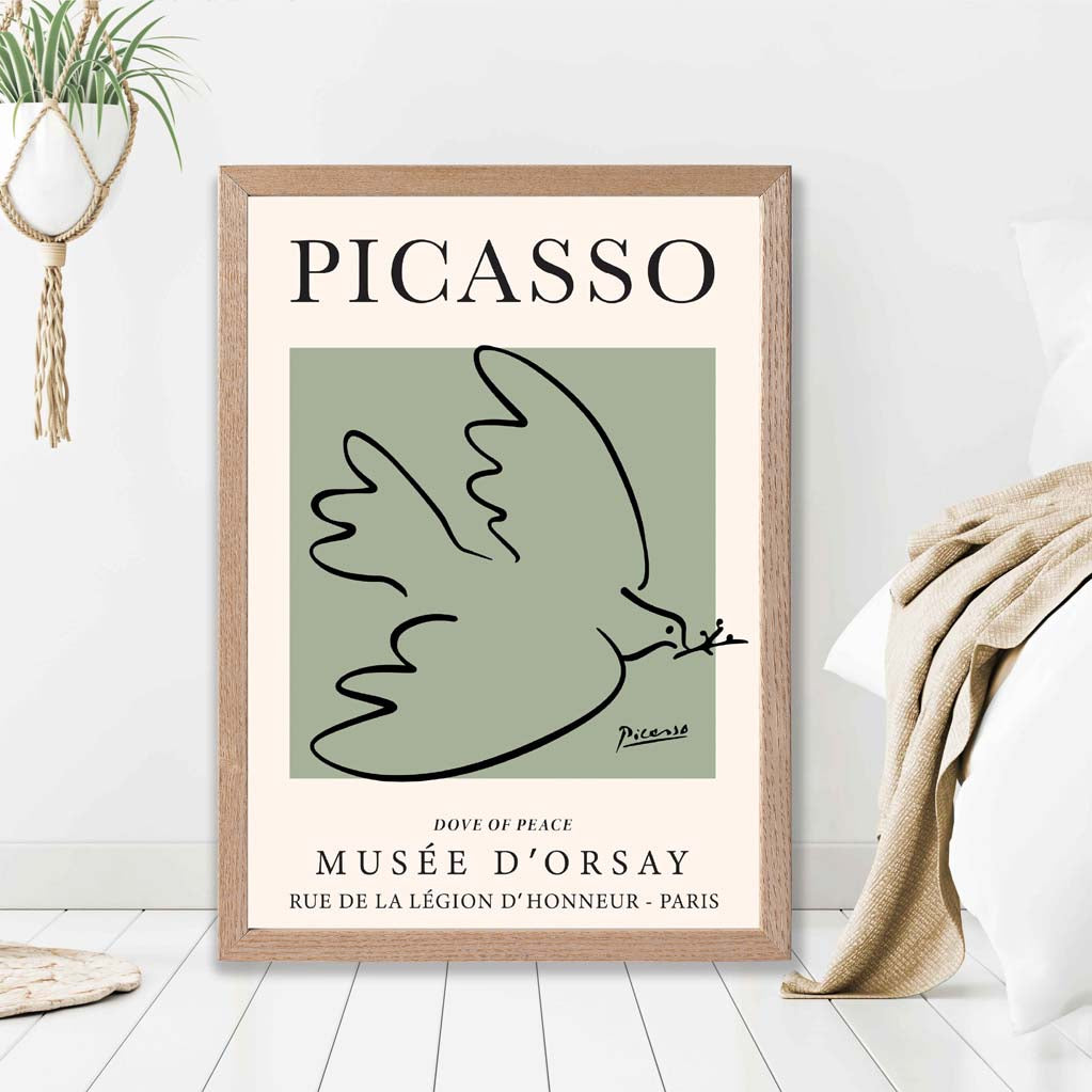 Picasso Dove on Sage Green print in Light Oak Frame