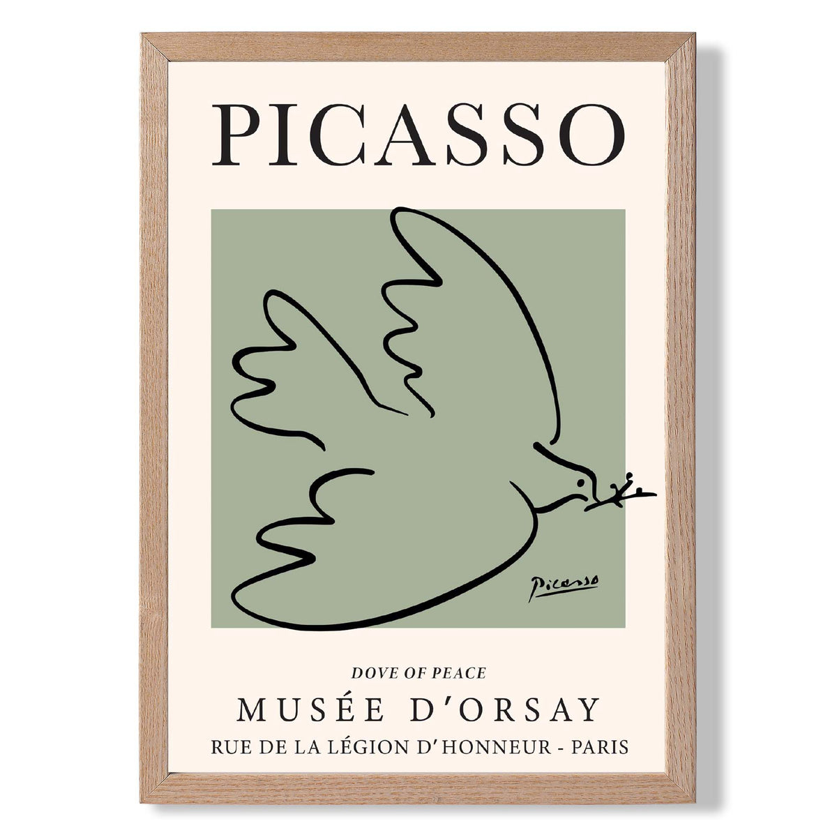 Picasso Dove on Sage Green print in Light Oak Wooden Frame