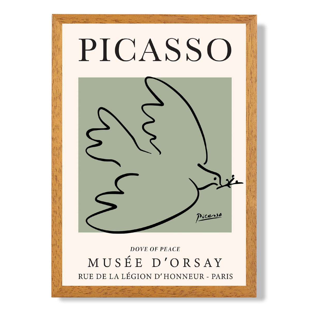 Picasso Dove on Sage Green print in Oak Wooden Frame