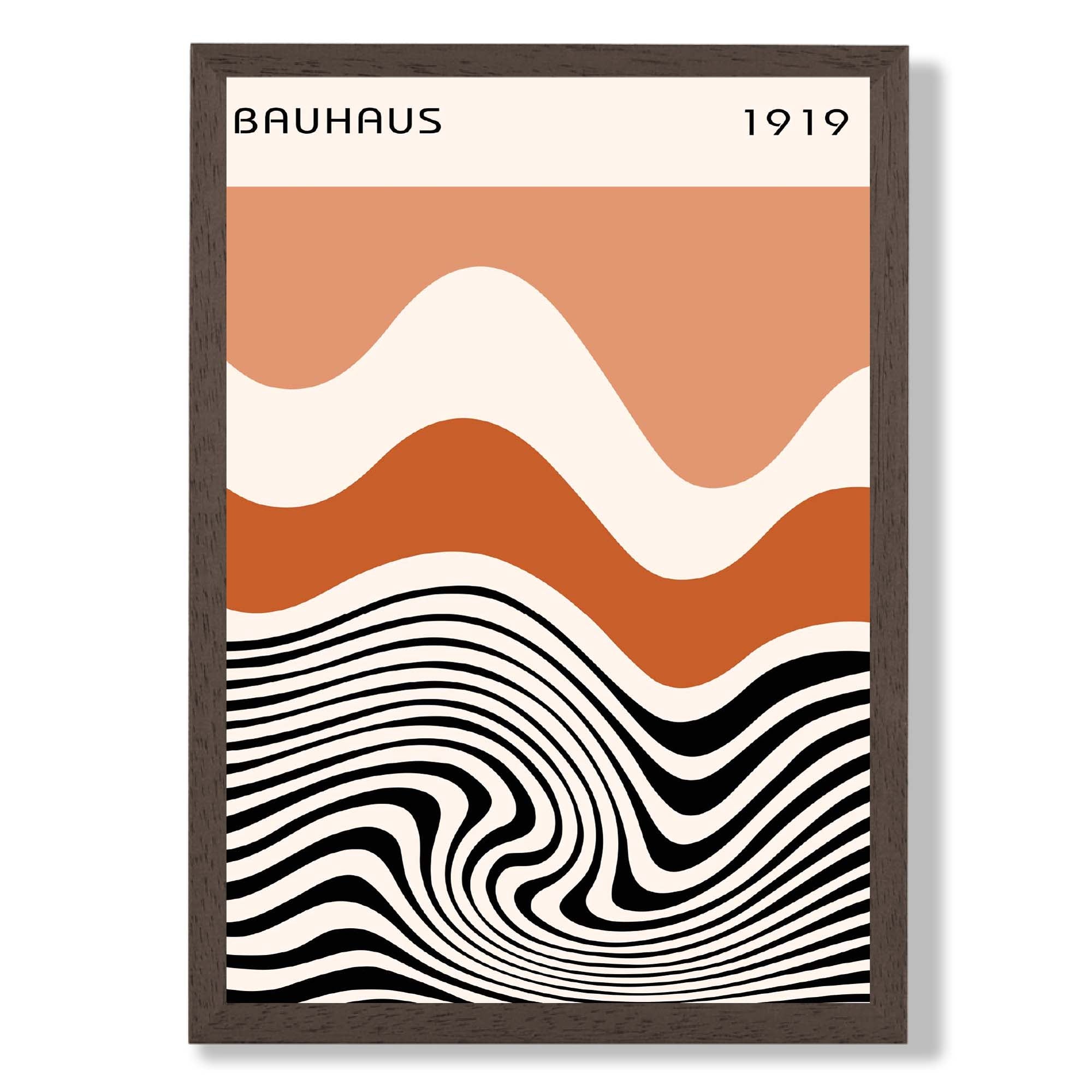 Bauhaus Waves in Orange and Black print in Dark Wooden Frame