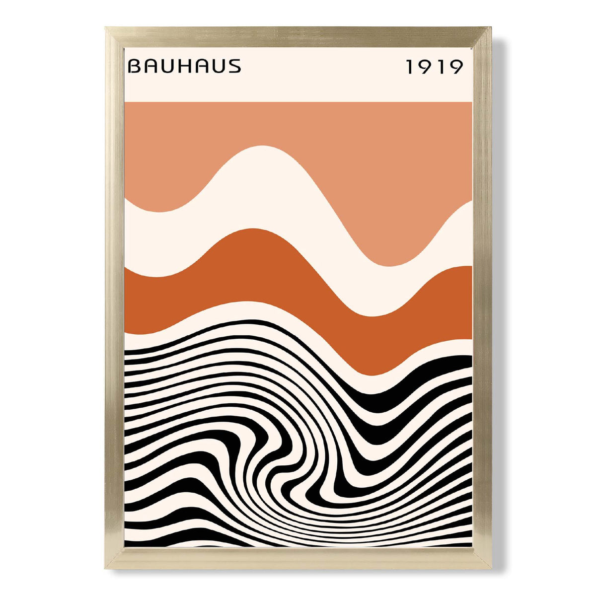 Bauhaus Waves in Orange and Black print in Gold Wooden Frame