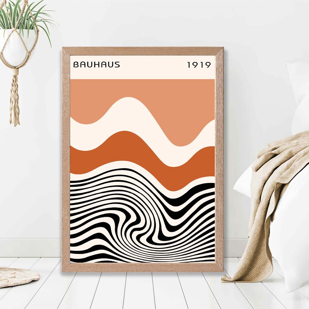 Bauhaus Waves in Orange and Black print in Light Oak Frame