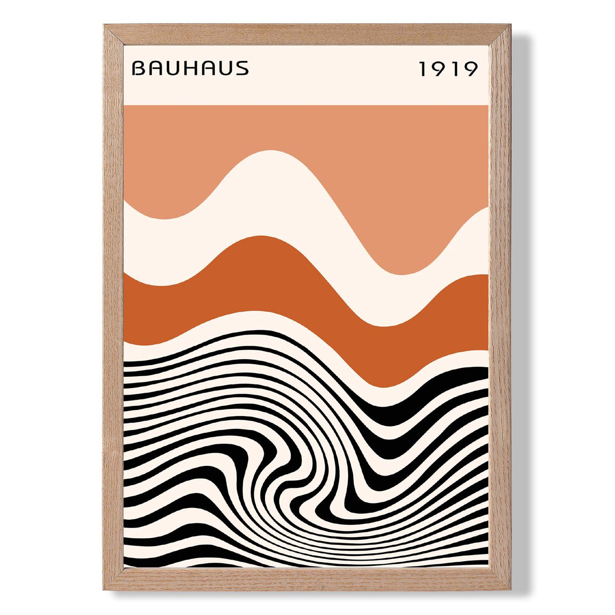 Bauhaus Waves in Orange and Black print in Light Oak Wooden Frame