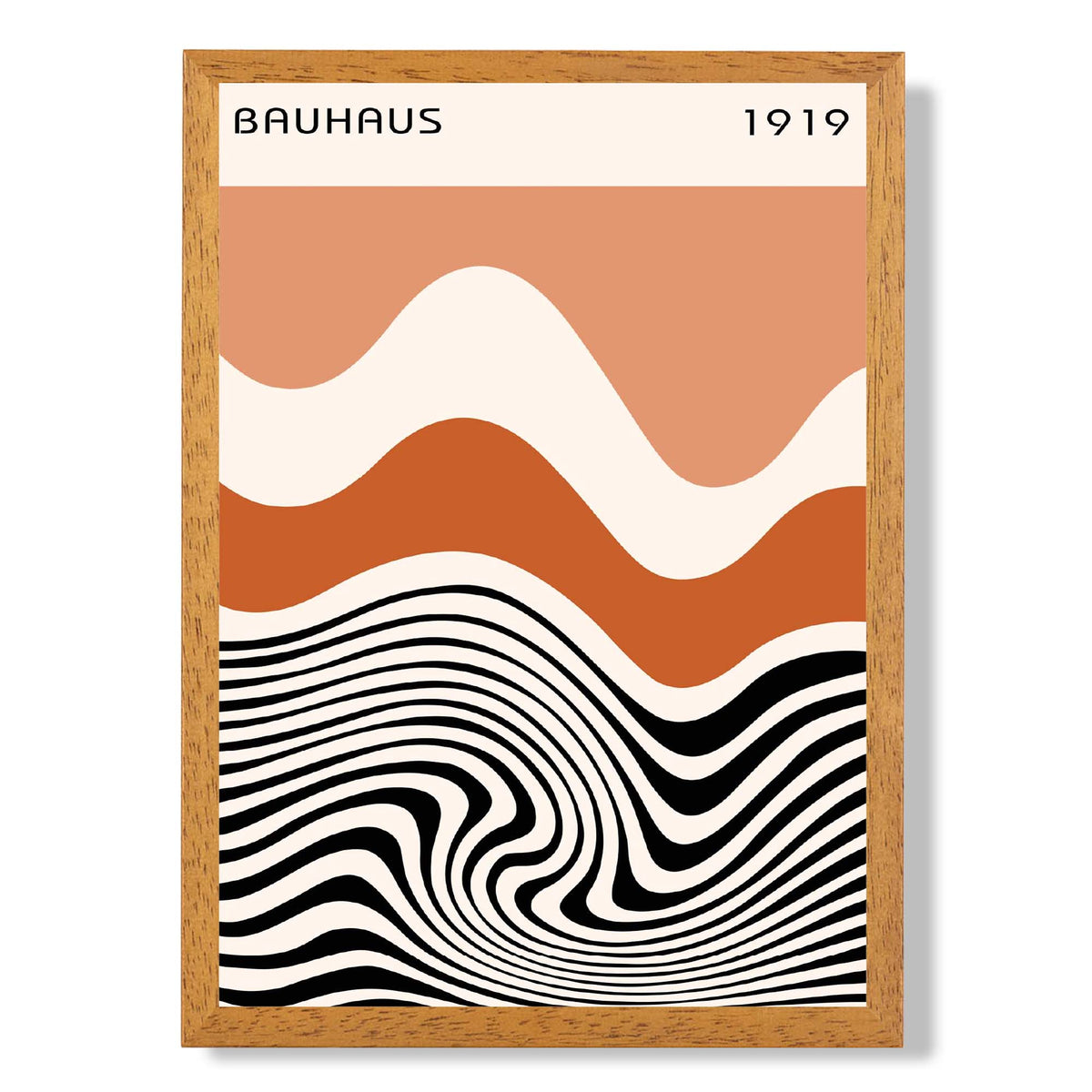 Bauhaus Waves in Orange and Black print in Oak Wooden Frame