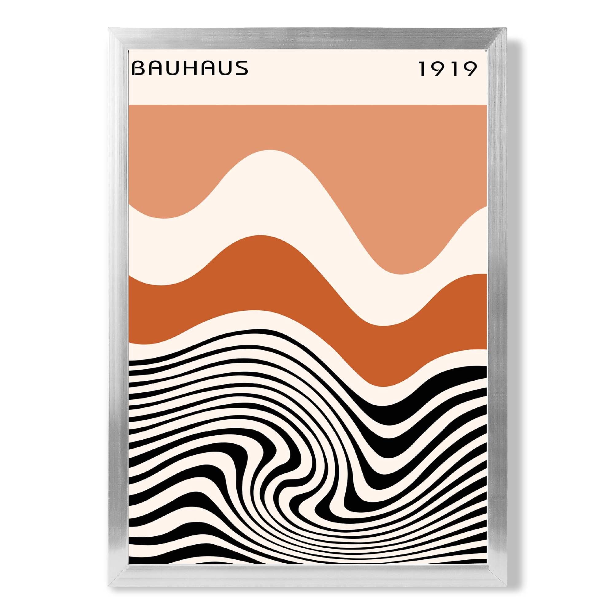 Bauhaus Waves in Orange and Black print in Silver Wooden Frame