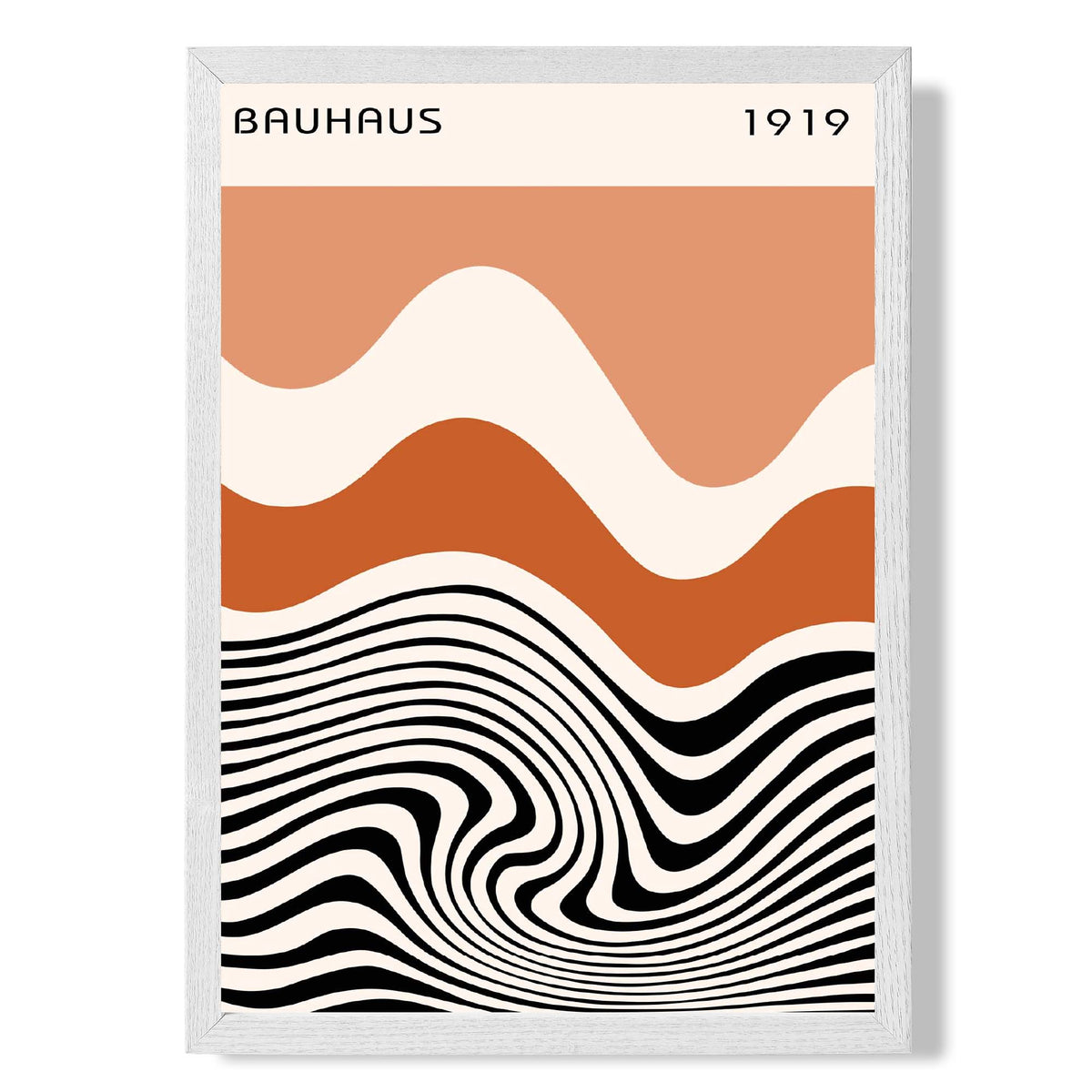 Bauhaus Waves in Orange and Black print in White Wooden Frame