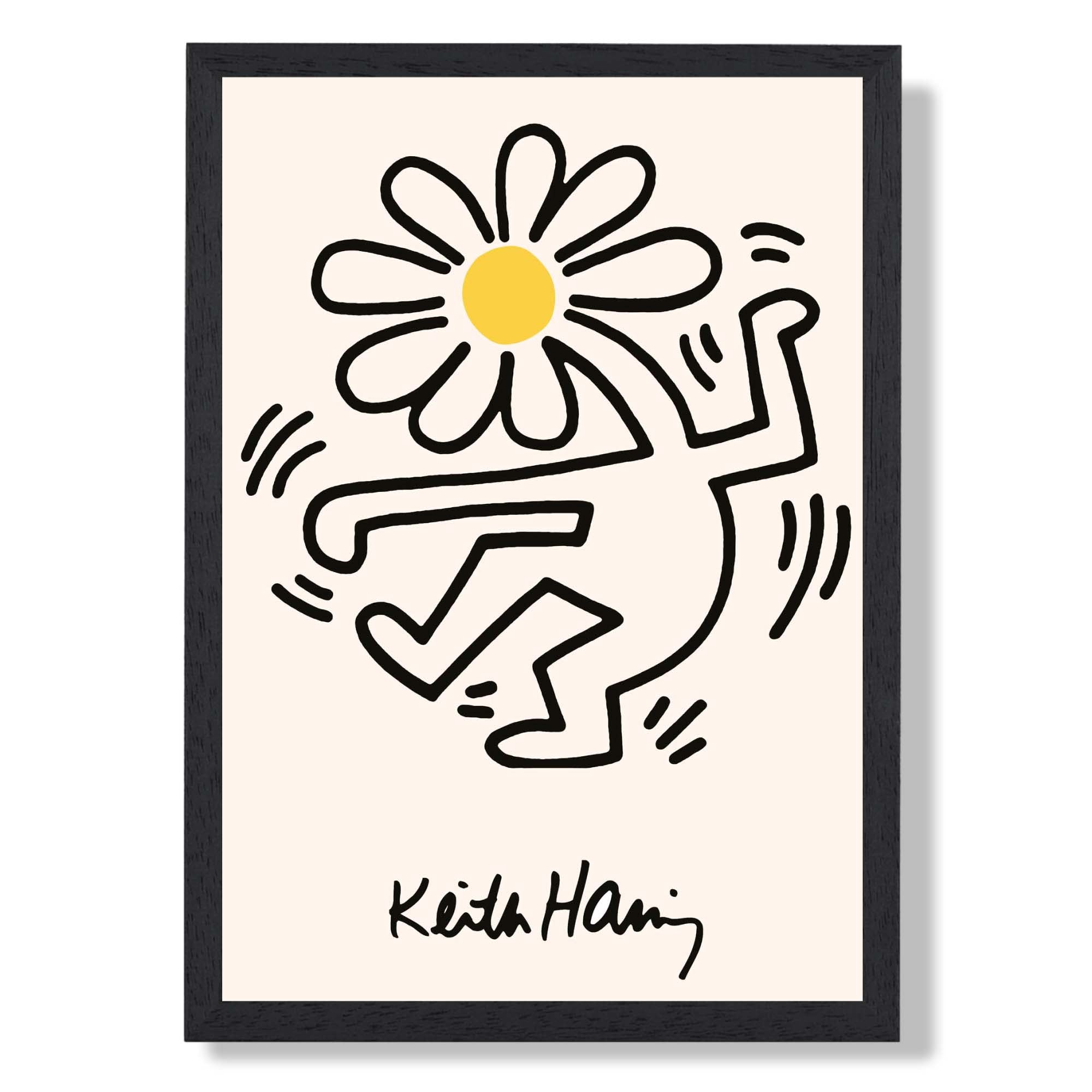 Keith Haring Dancing Flower Yellow print in Black Wooden Frame