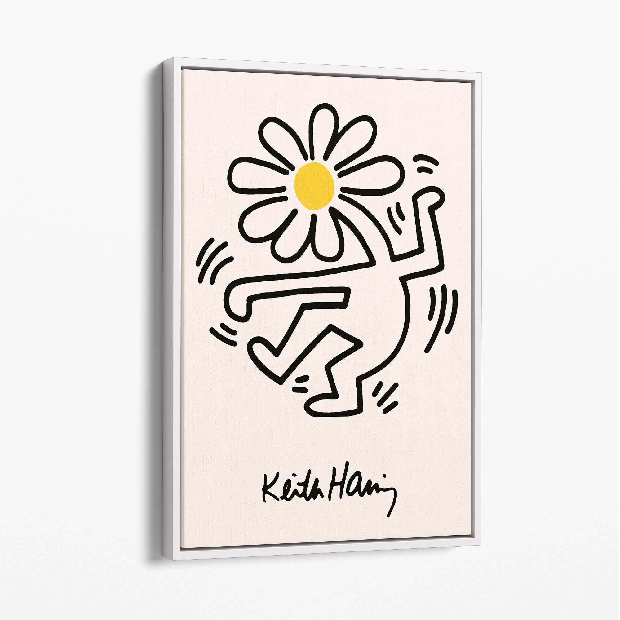 Keith Haring Dancing Flower Yellow Canvas Art Print with White Float Frame