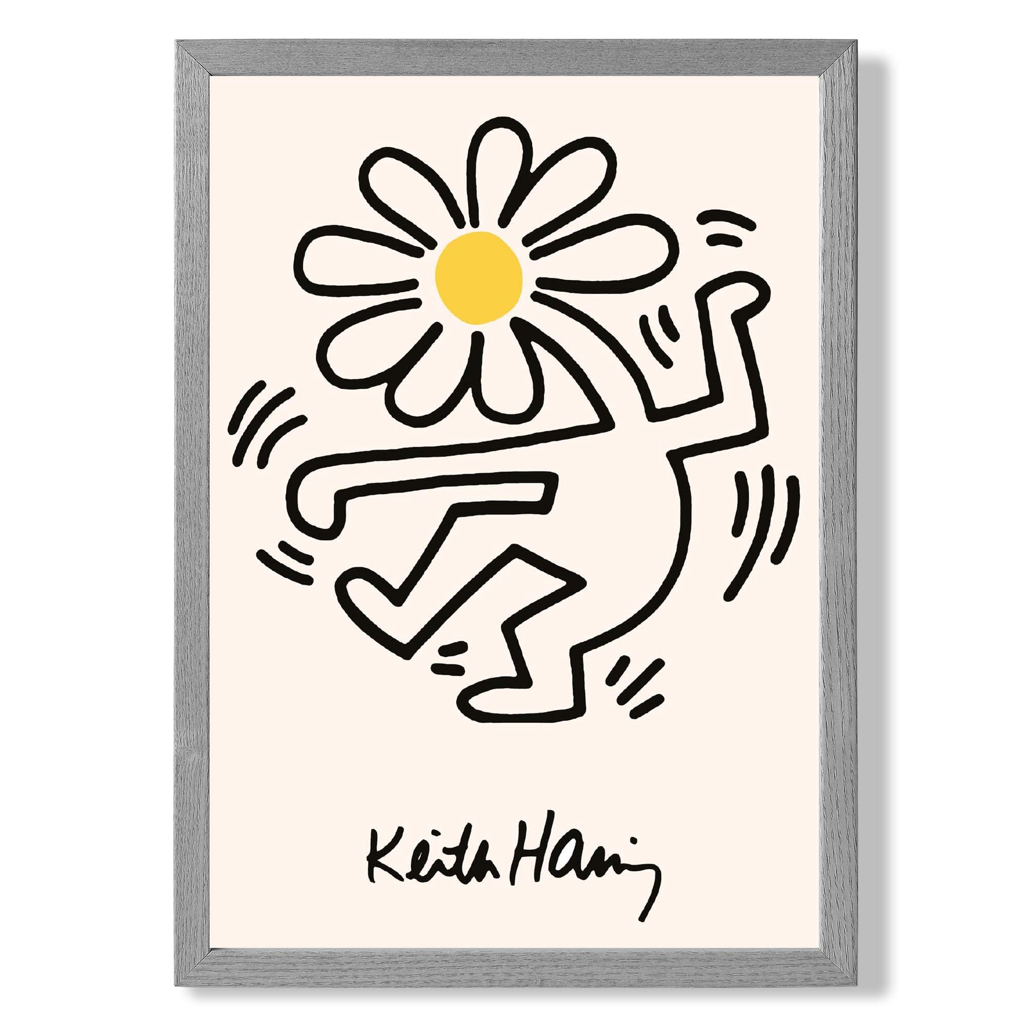 Keith Haring Dancing Flower Yellow print in Light Grey Wooden Frame