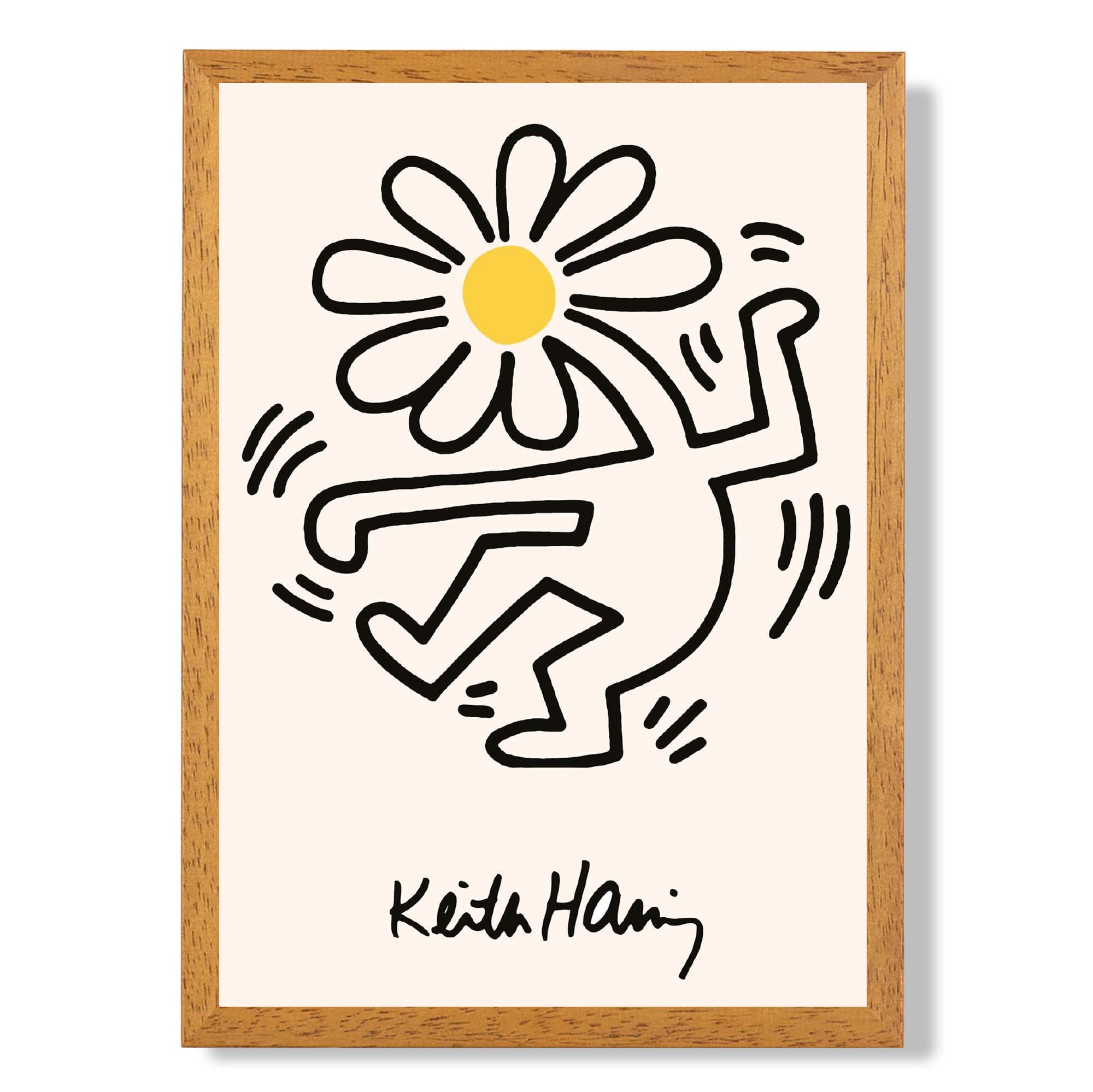Keith Haring Dancing Flower Yellow print in Oak Wooden Frame