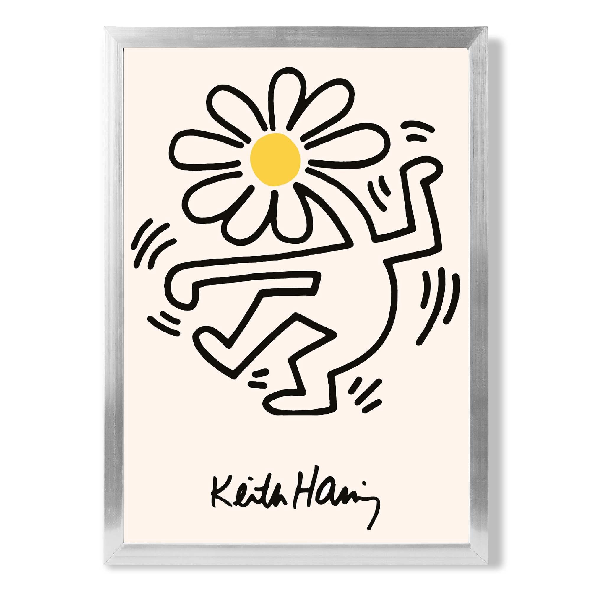 Keith Haring Dancing Flower Yellow print in Silver Wooden Frame